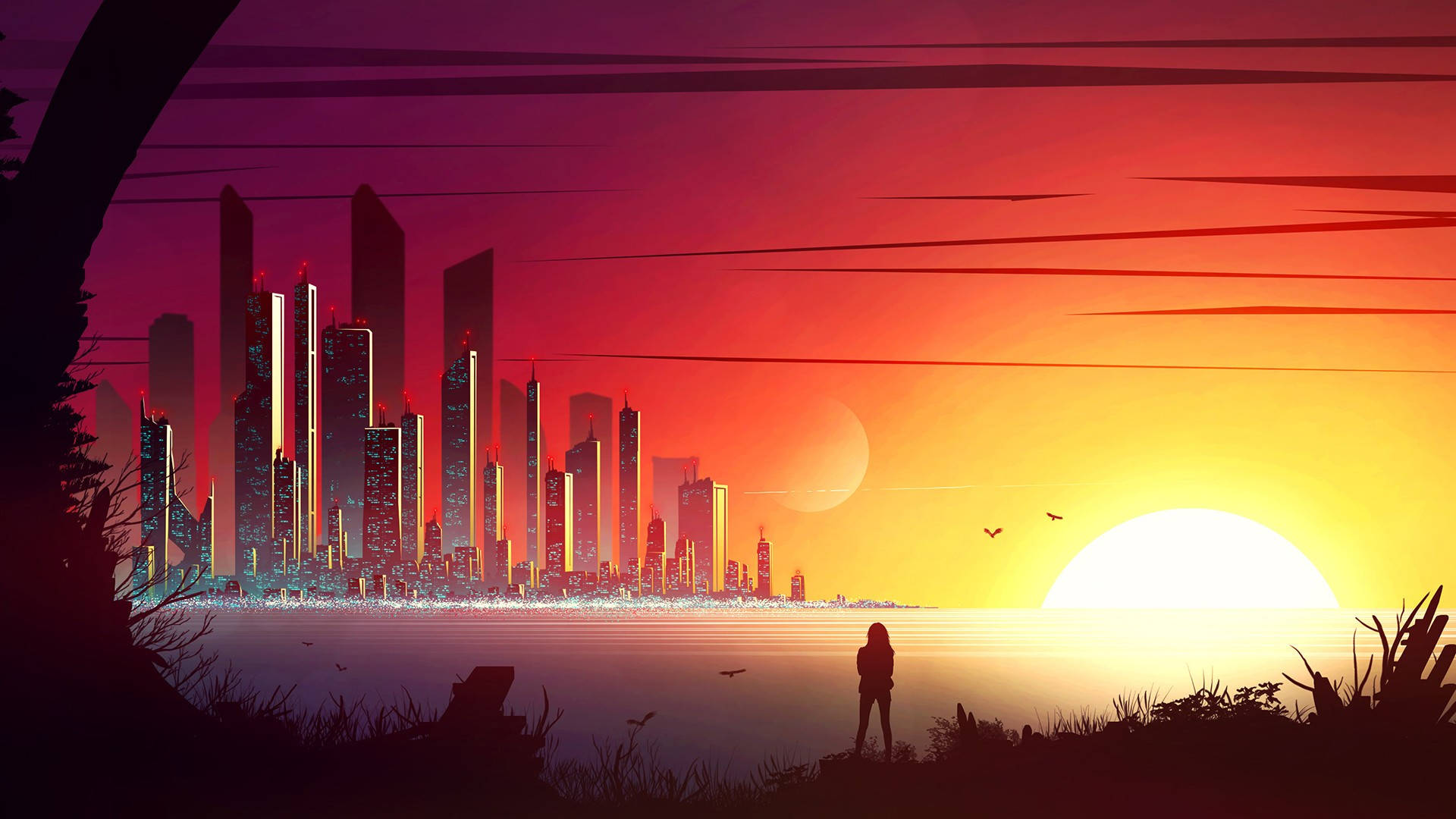 Digital 桌布 壁紙 — 一個孤獨的身影站在未來城市天際線前，夕陽西下，天空呈現鮮豔的橙色和紫色，太陽閃耀。