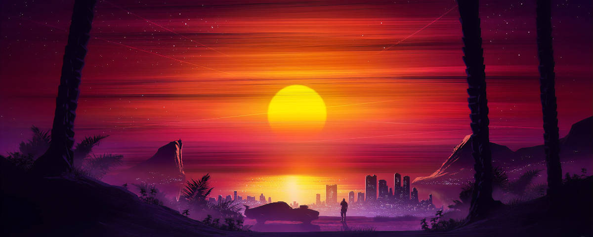 Sunset Aesthetic 桌布 壁紙 — 一個孤獨的身影站在未來城市天際線前，夕陽西下，巨大的橙色太陽在高聳的棕櫚樹間發光。