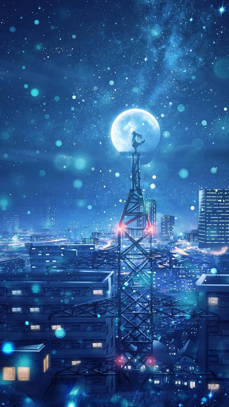 夜空 桌布 壁紙 — 一個孤獨的身影站在未來城市的塔頂，下方是發光的月亮和星空。