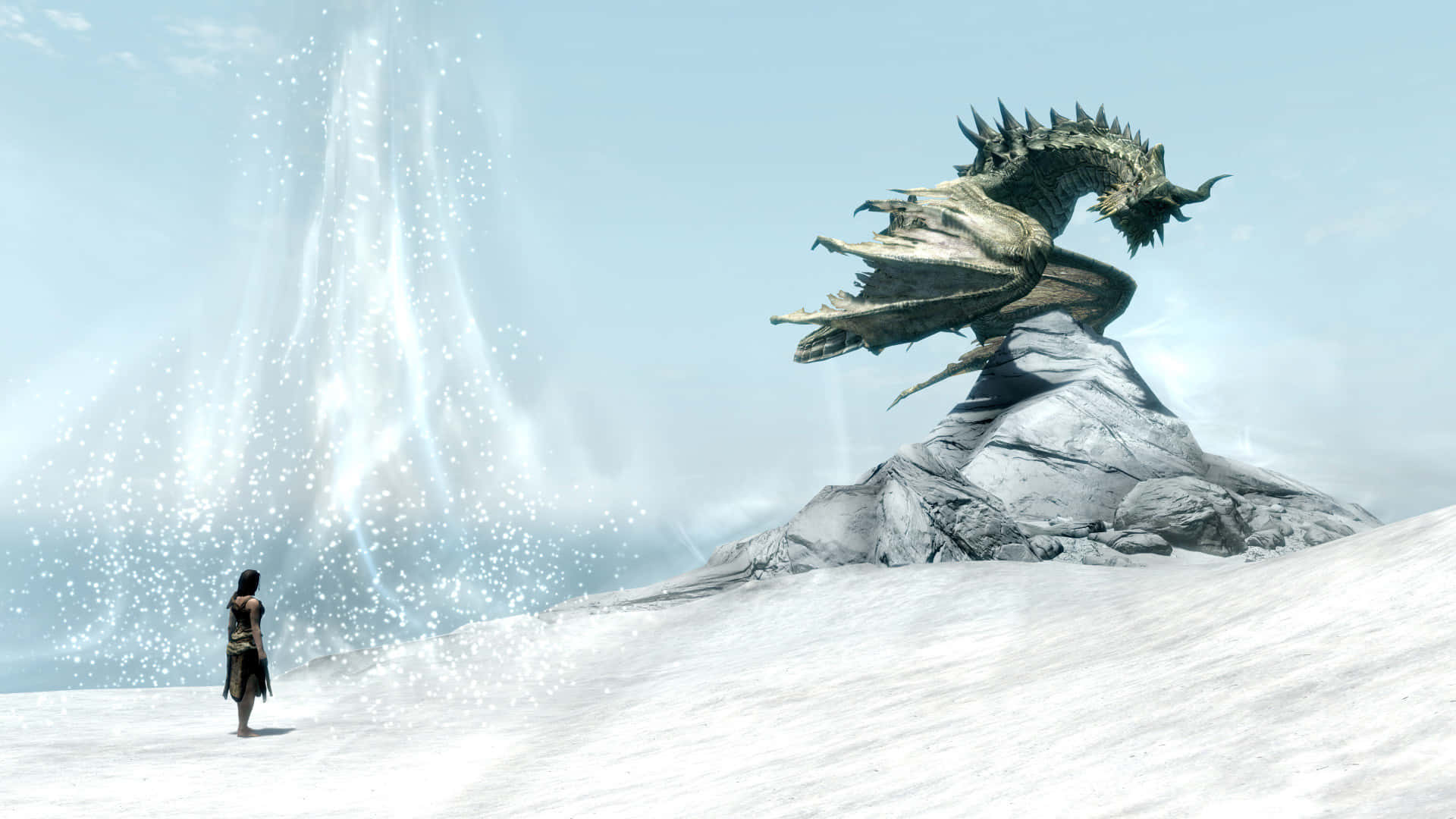 Skyrim Paarthurnax 桌布 壁紙 — 一個孤獨的身影站在棲息於雪峰上的巨龍面前，魔法光芒從地面迸發而出。