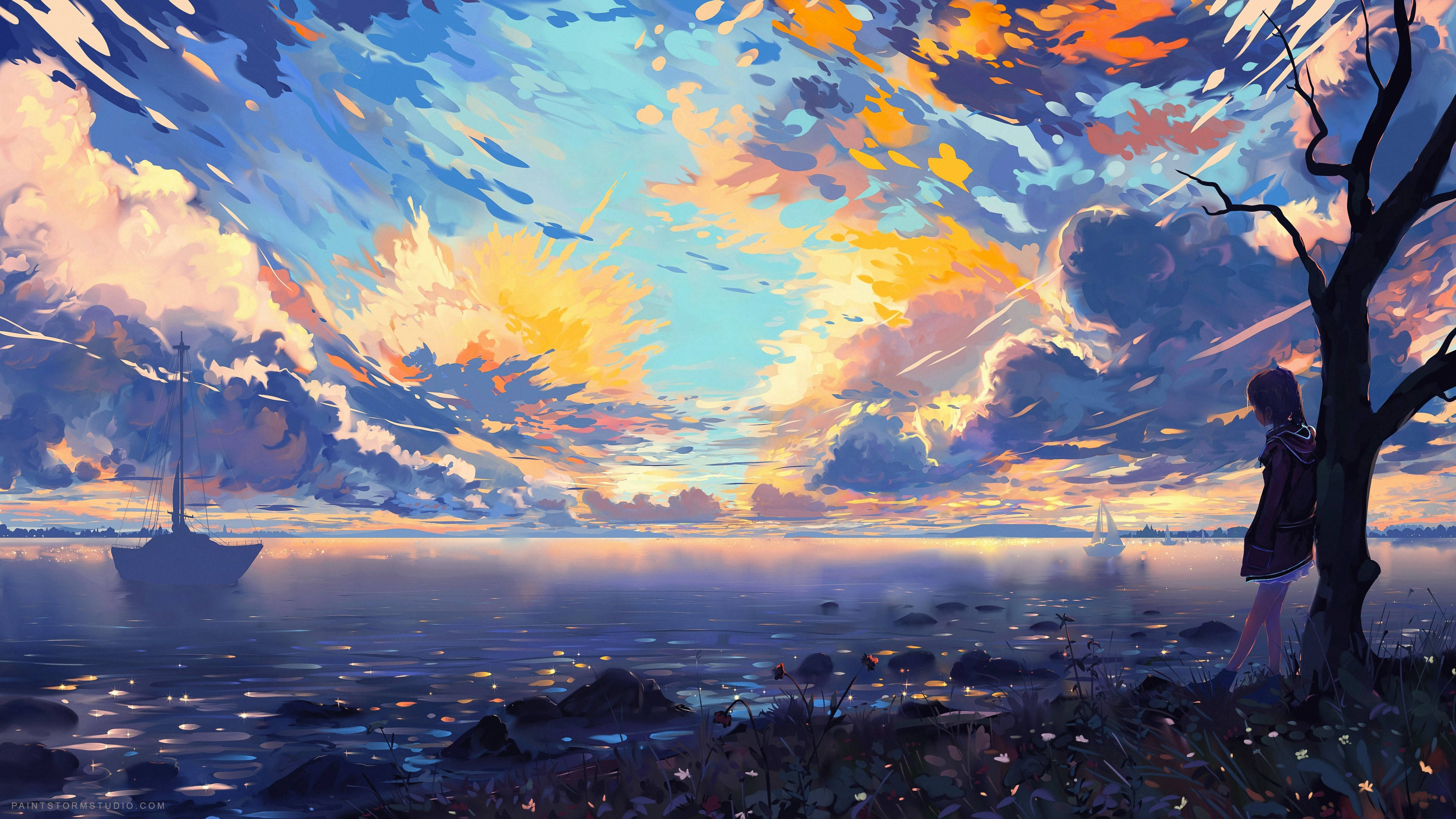 Anime Scenery 4K 桌布 壁紙 — 一個孤獨的身影站在樹旁，看著一艘帆船在平靜的水面上漂流，天空是充滿活力的日落色彩。