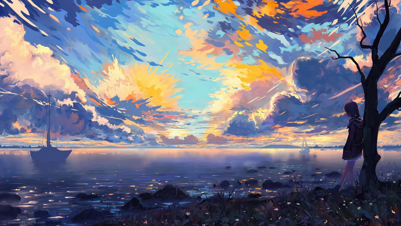 1360x768 桌布 壁紙 — 一個孤獨的身影站在樹旁，看著一艘帆船在充滿橙色、藍色和紫色條紋的 vibrant 日落天空下漂流。