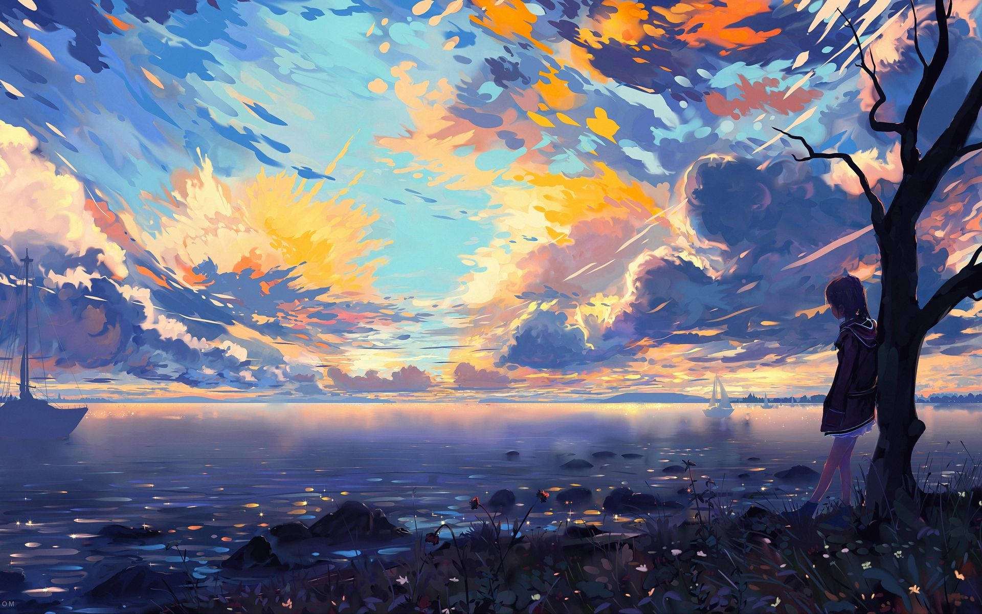 1920x1200 桌布 壁紙 — 一個孤獨的身影站在樹旁，觀賞著平靜海面上充滿活力的日落，遠處有帆船。