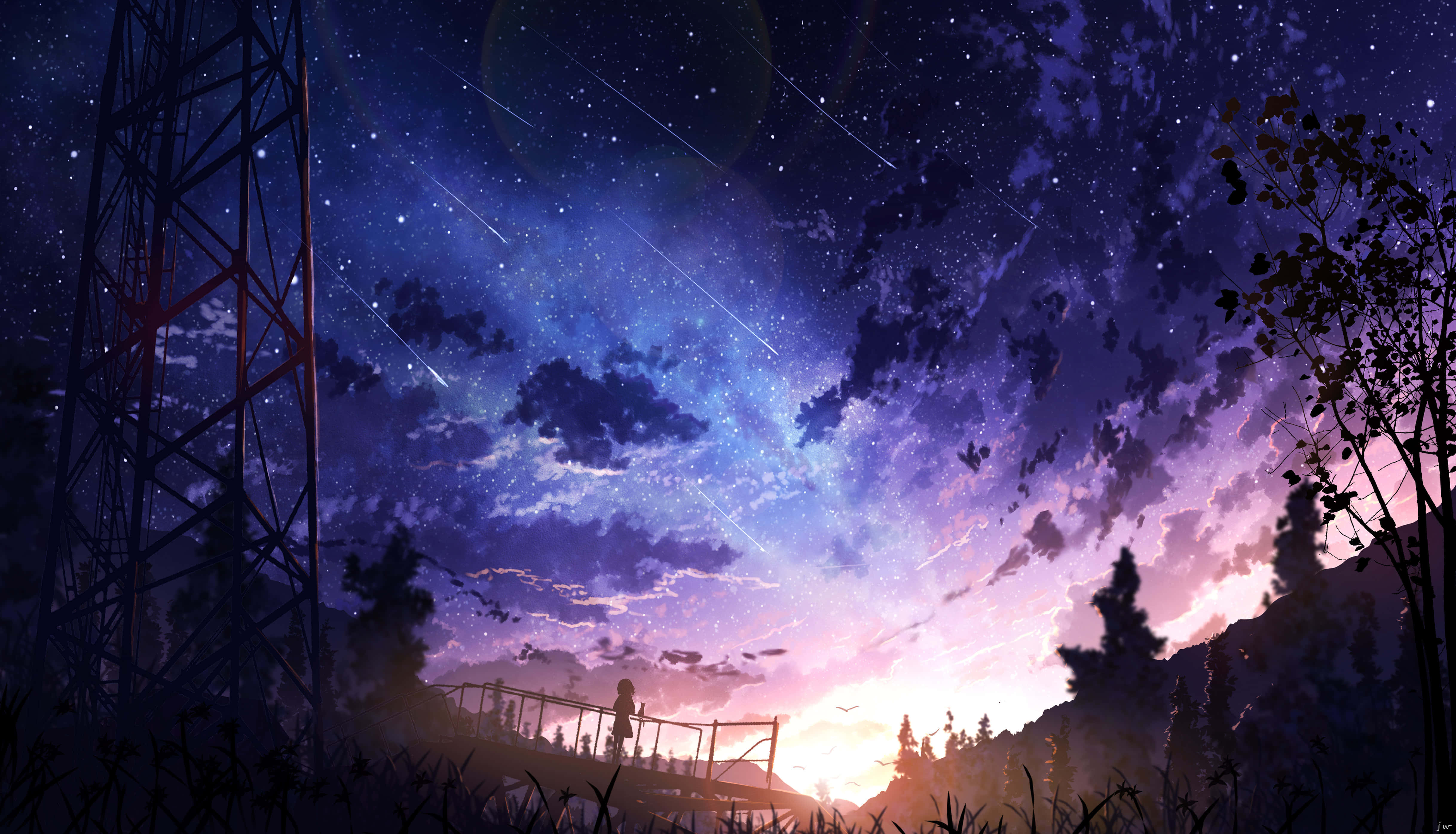 Anime Sunset 桌布 壁紙 — 一個孤獨的身影站在橋上，下方是充滿星星和流星的燦爛暮色天空，上方是樹林覆蓋的山丘。