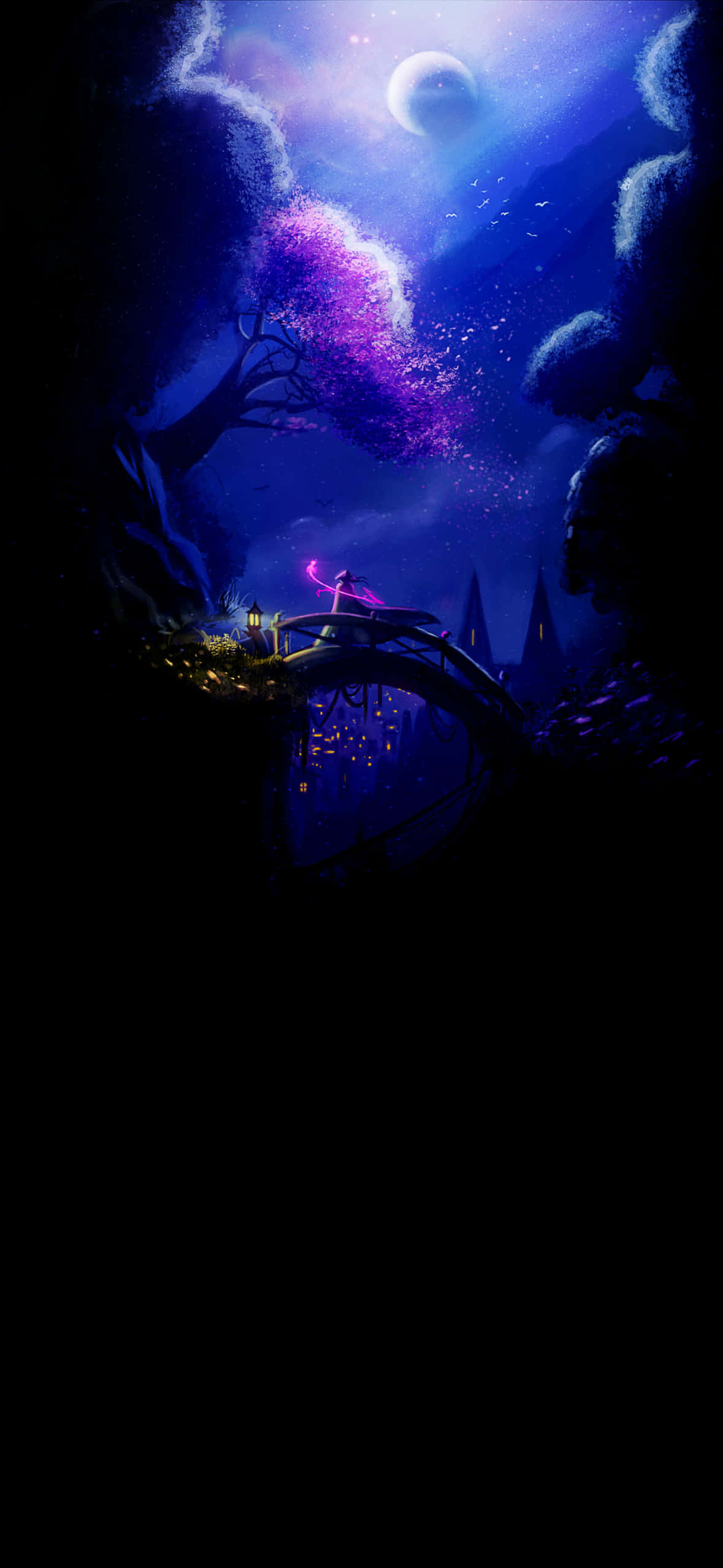 1179x2556 桌布 壁紙 — 一個孤獨的身影站在橋上，橋下是發光的紫色樹木，上方是新月，身處神秘的夜晚森林中。