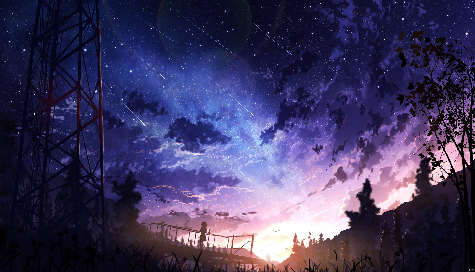 一個人在橋上的剪影，背景是繁星點點的暮色天空，有流星劃過。 — 4K 優雅動漫壁紙 壁紙