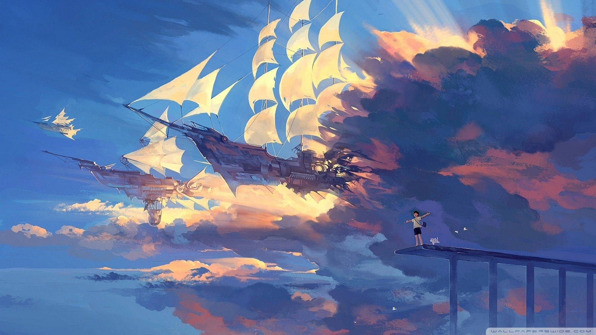 動畫風景 桌布 壁紙 — 一個孤獨的身影站在橋上，觀看雄偉的帆船在充滿活力的日落天空中滑行。