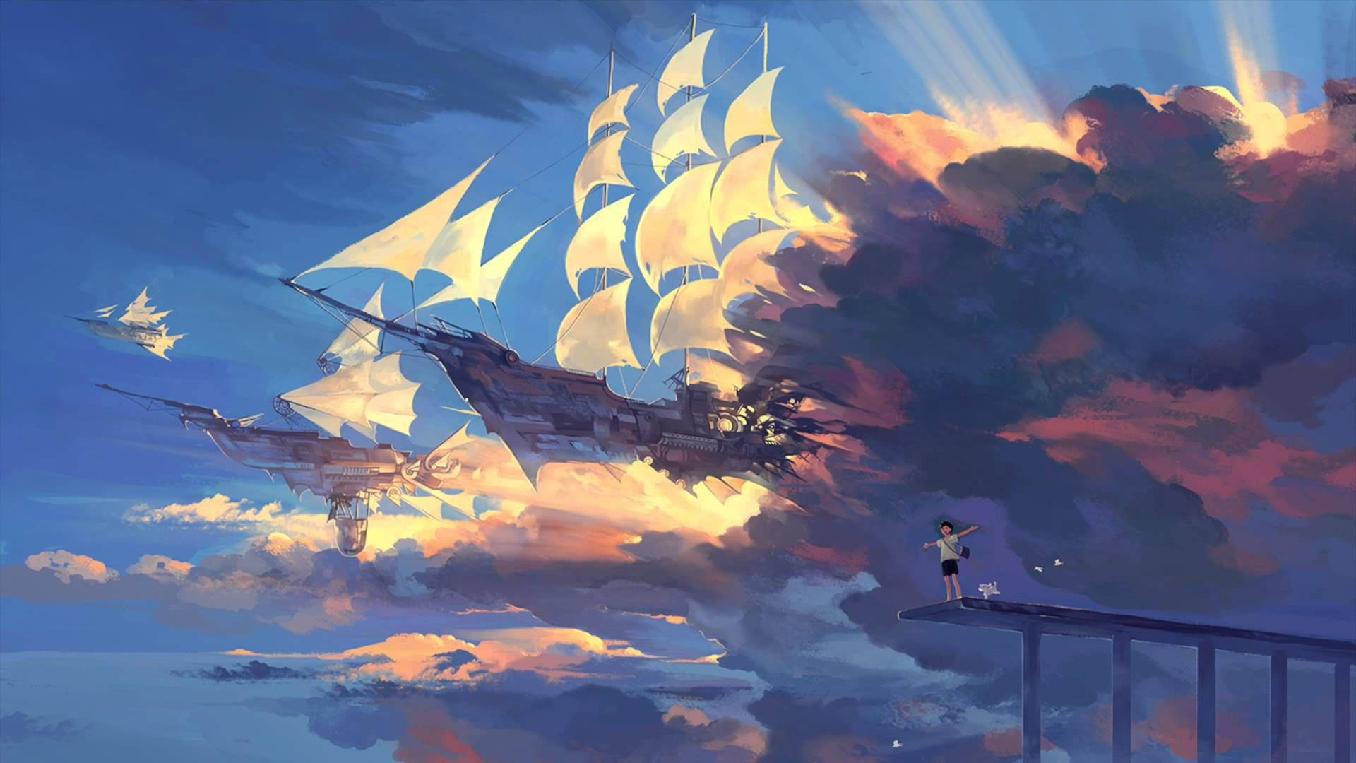 Treasure Planet 桌布 壁紙 — 一個孤獨的身影站在橋上，觀看雄偉的飛船在戲劇性的日落天空中航行。