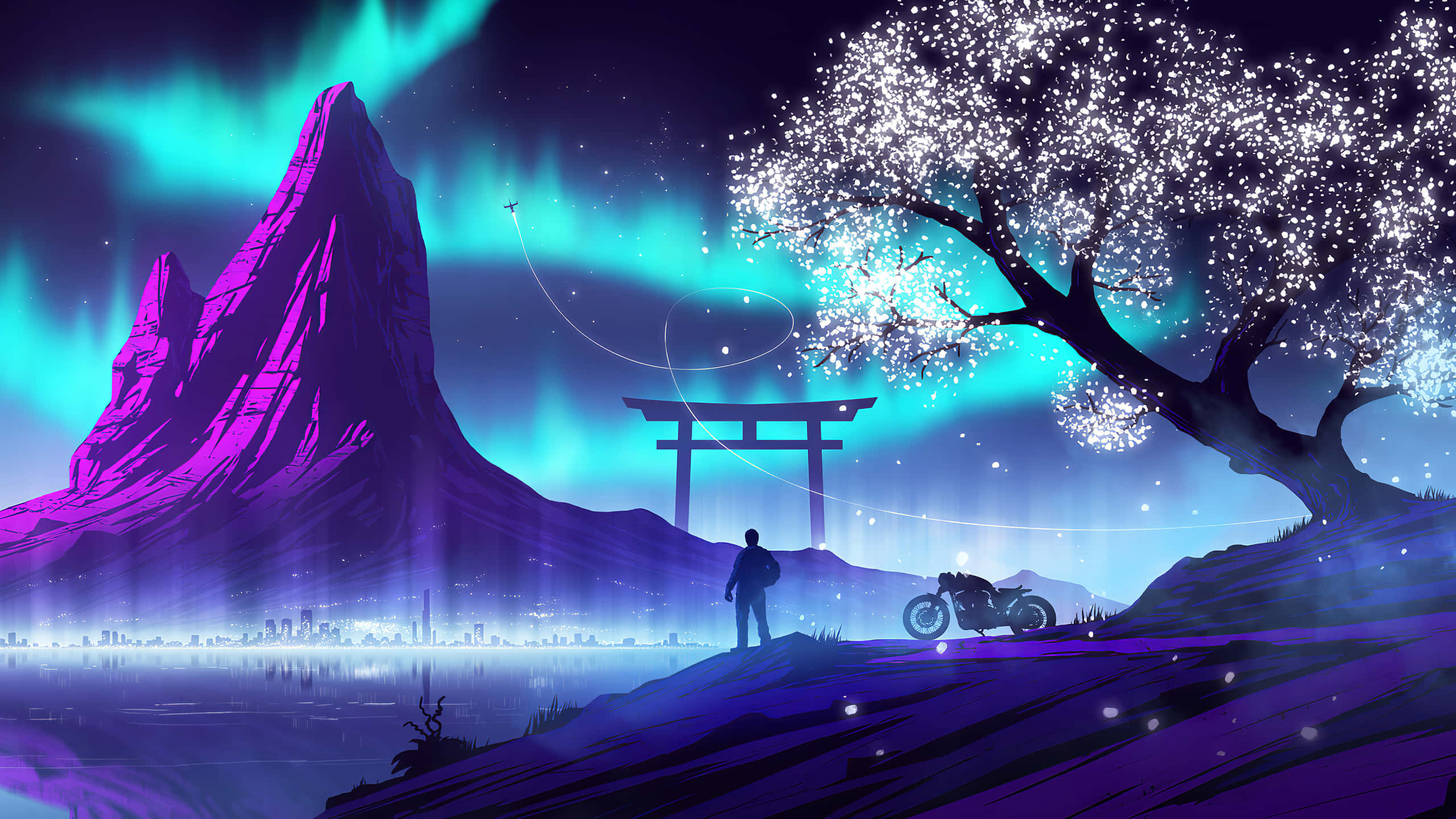 2560x1440 動態圖片 桌布 壁紙 — 一個孤獨的身影站在機車旁，在發光的櫻花樹下，鳥居後面有紫色的山和極光。