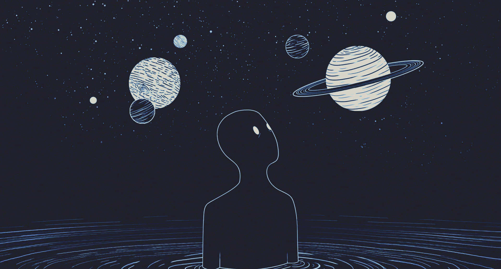 1920X1080 桌布 壁紙 — 一個孤獨的身影站在水中，仰望滿是風格化行星和環的星空。