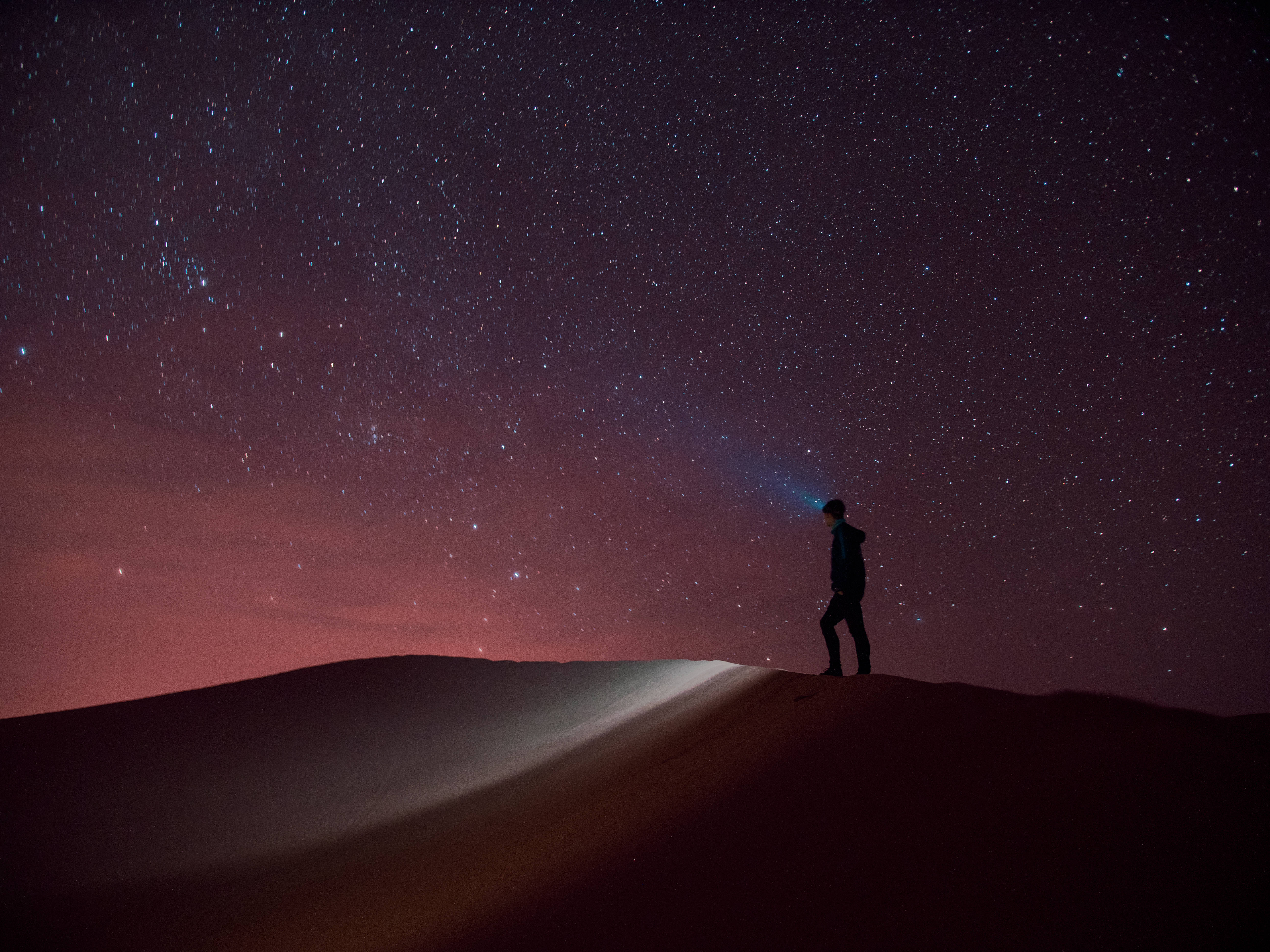 Sahara 桌布 壁紙 — 一個孤獨的身影站在沙丘頂上，星空下閃爍著極光的地平線。