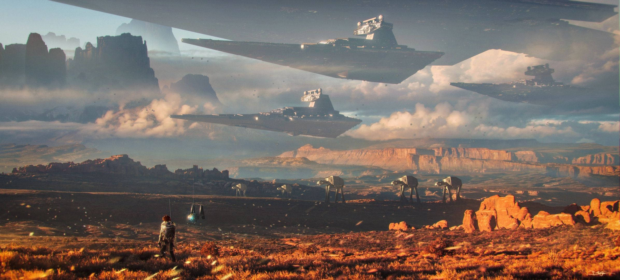 星際大戰 桌布 壁紙 — 一個孤獨的身影站在沙漠景觀中，巨大的星艦在岩石台地上方盤旋，天空多雲。