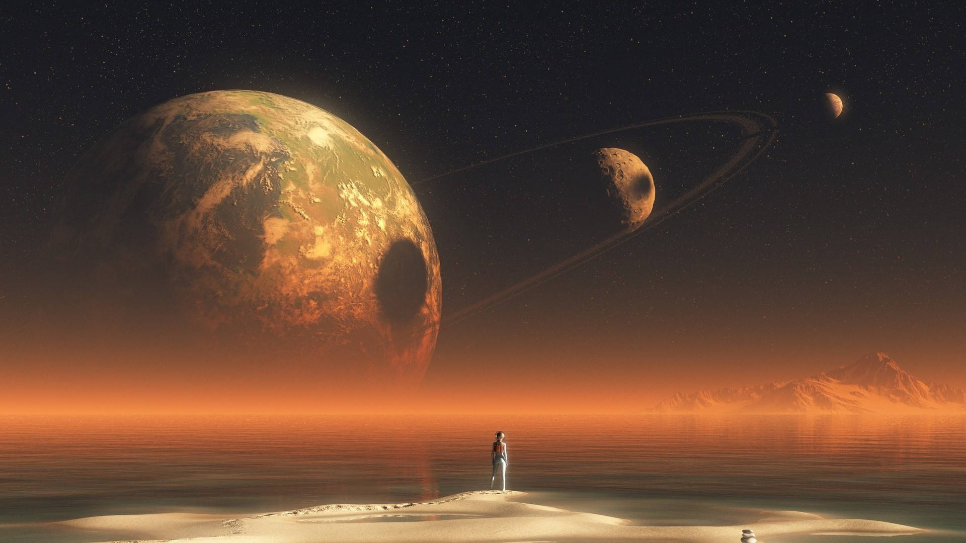 人在外星沙漠中觀看暮色天空中巨大的行星和衛星