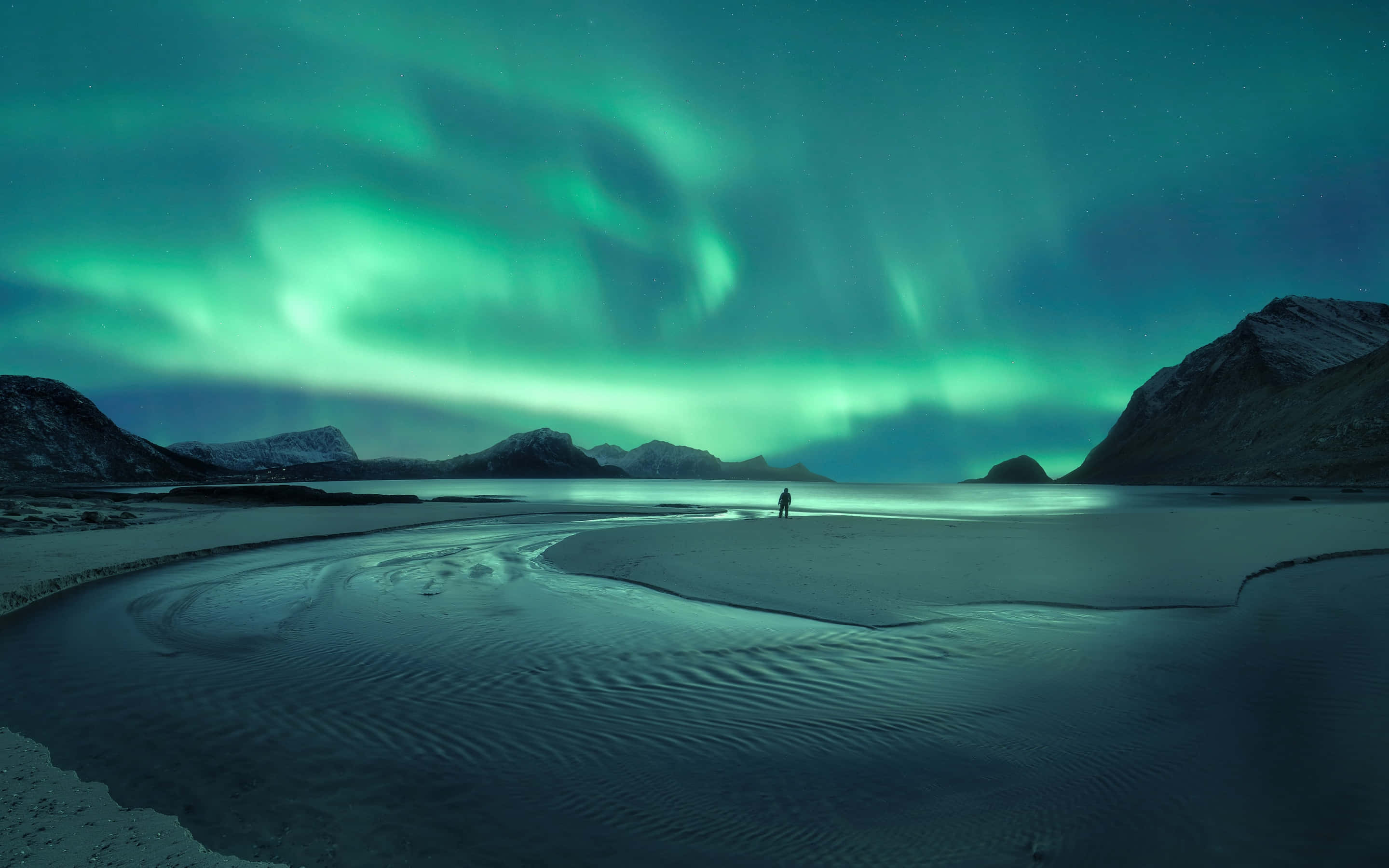aurora borealis 桌布 壁紙 — 一個孤獨的身影站在沙灘上，上方是舞動的鮮綠色北極光，點綴著繁星點點的夜空，背景是白雪覆蓋的山脈。