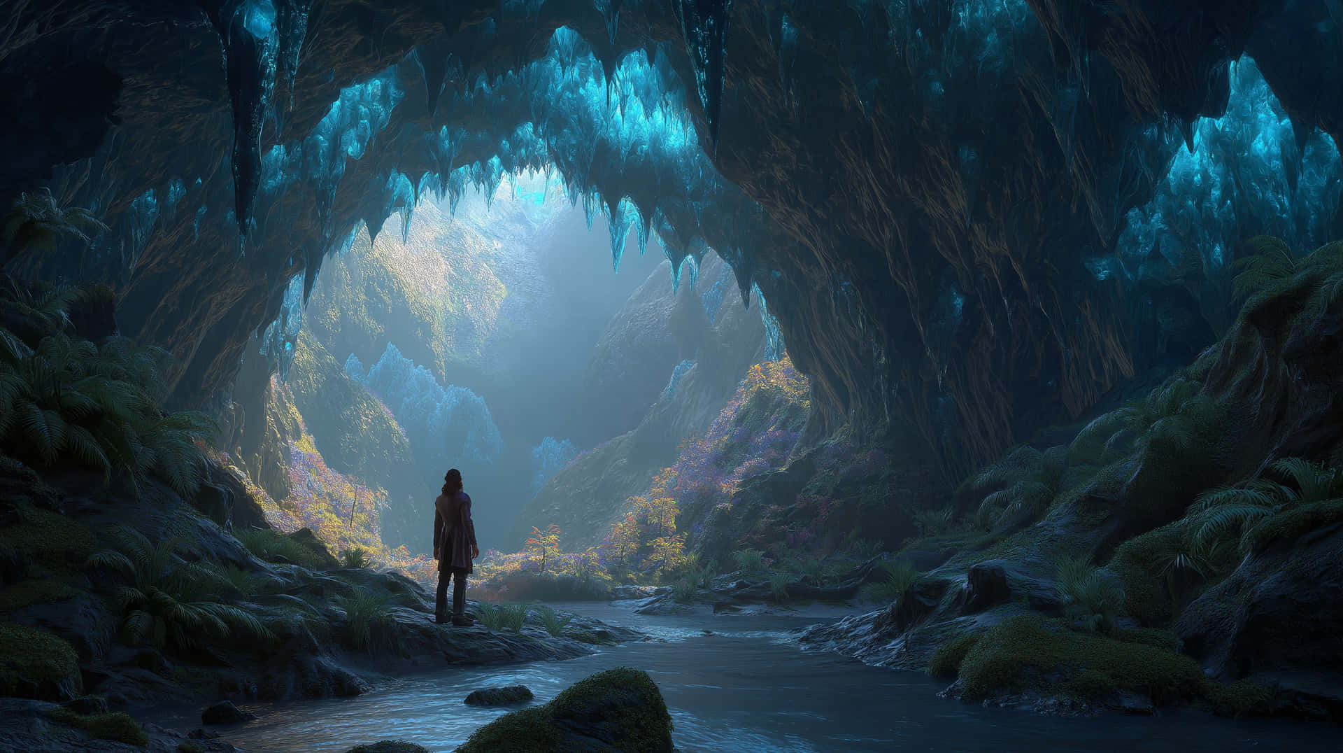 Figure in Enchanted Ice Cavern with Glowing Blue Crystals 壁紙 — 一個孤獨的身影站在洞穴口，凝視著一個發光的藍色洞穴，裡面有發光的鐘乳石和下面長滿苔蘚的小溪。