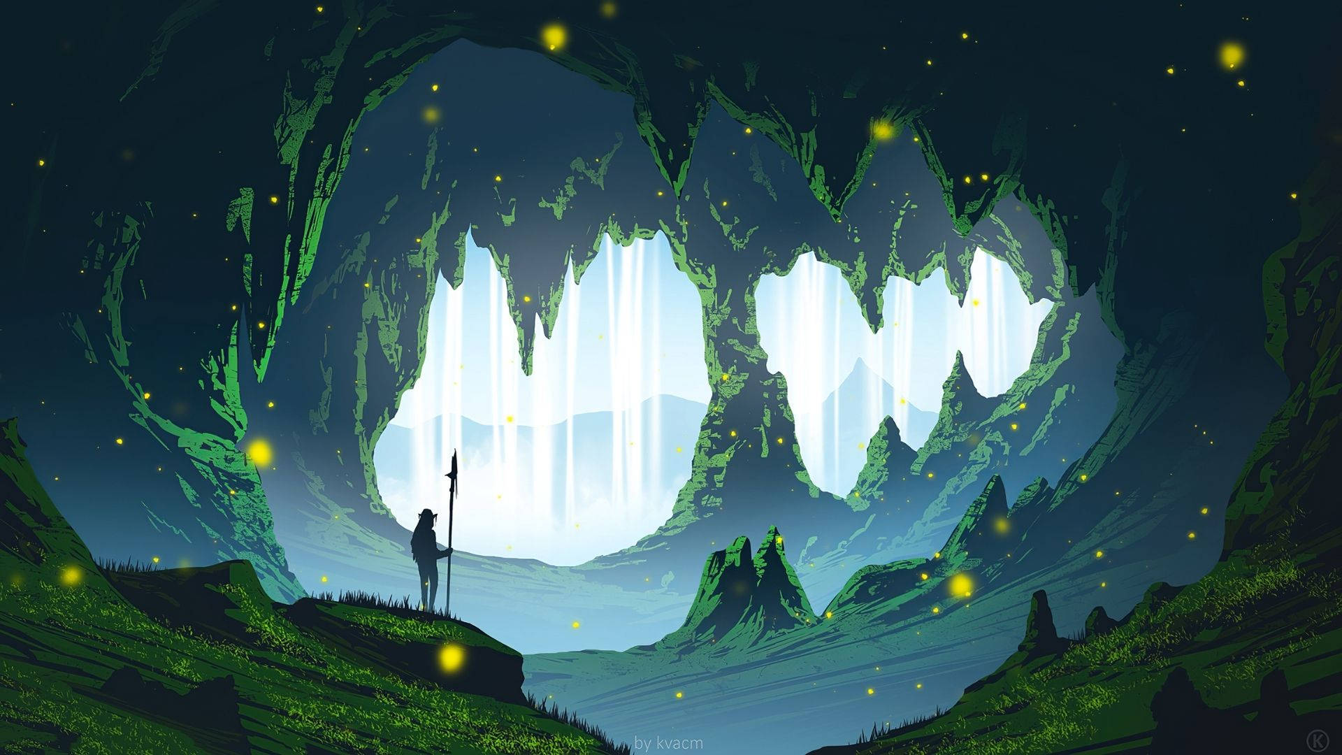 Cave 桌布 壁紙 — 一個孤獨的身影站在洞穴邊緣，凝視著星空下發光的瀑布和漂浮的螢火蟲。
