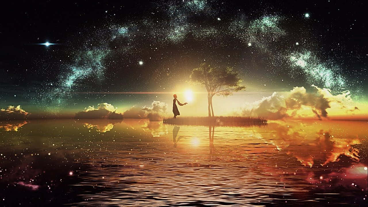 Ambience 桌布 壁紙 — 一個孤獨的身影站在浮島上，星空下有一棵發光的樹和鏡面般的水面。
