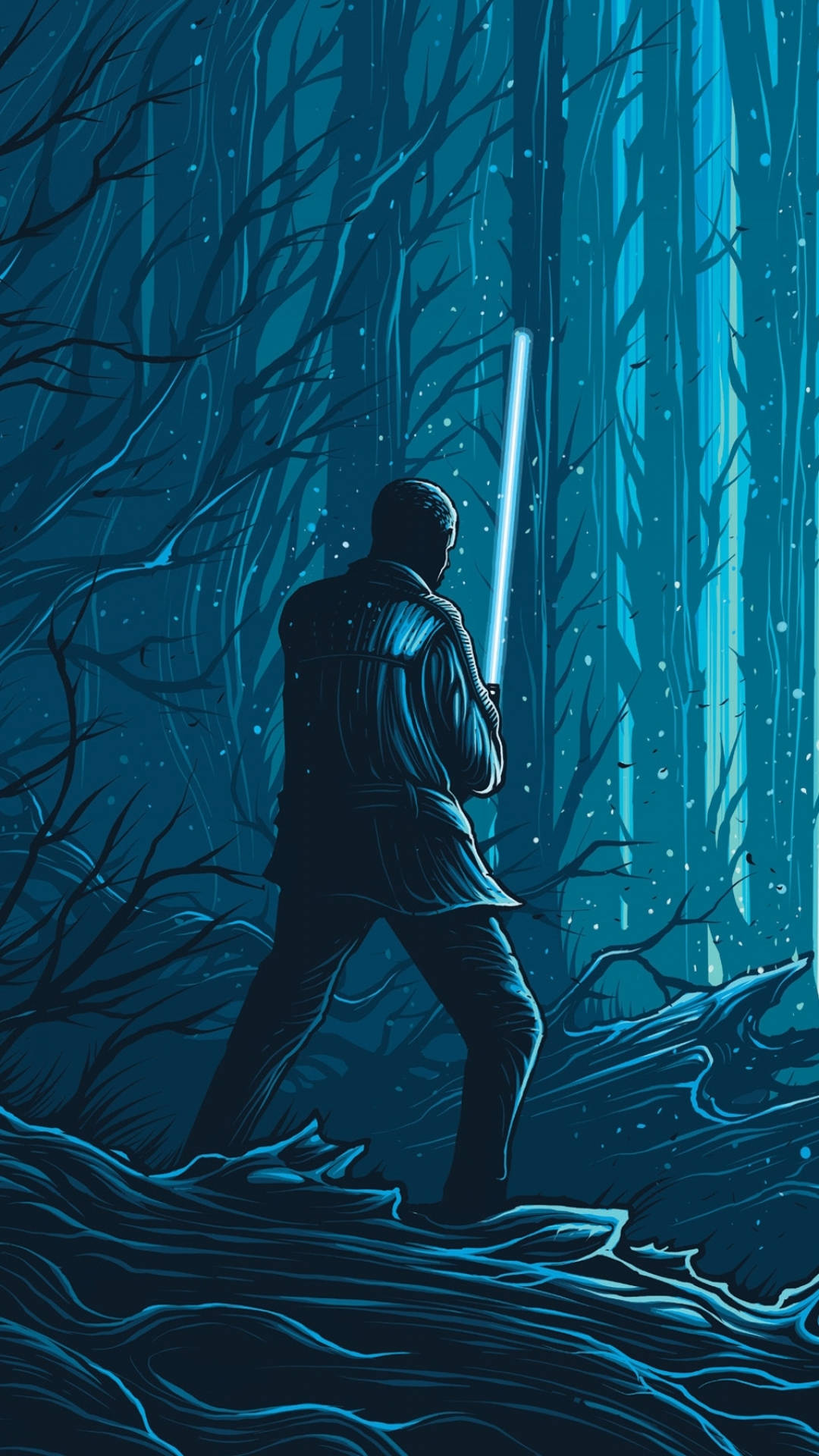 star wars iPhone 6 plus 桌布 壁紙 — 一個孤獨的身影站在深藍色的森林中，手持發光的藍色光劍，周圍是光禿禿的樹木和飄落的雪。