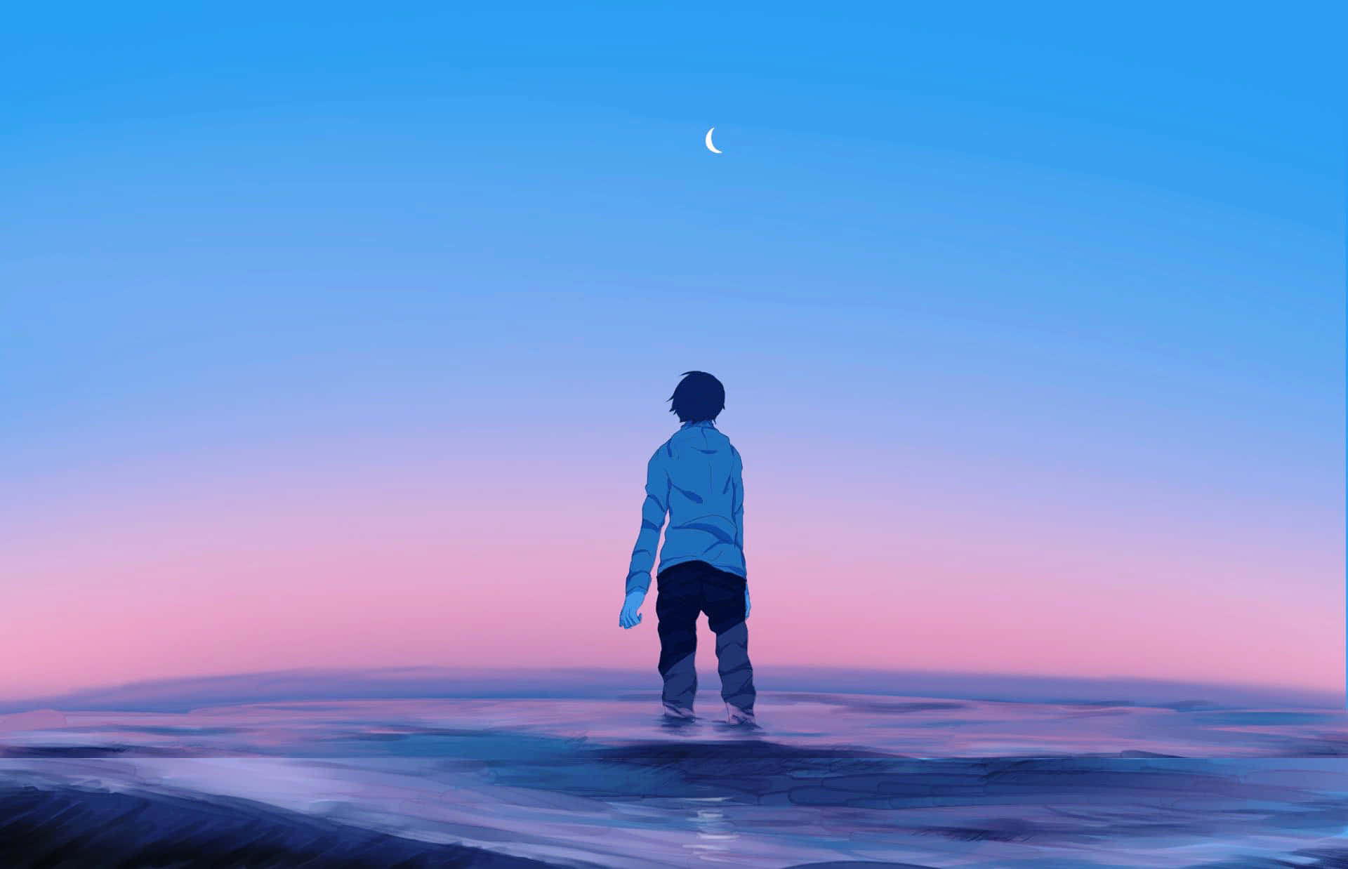 Anime Sky 桌布 壁紙 — 一個孤獨的身影站在淺水中，凝視著藍色和粉紅色暮色天空中的一彎新月。