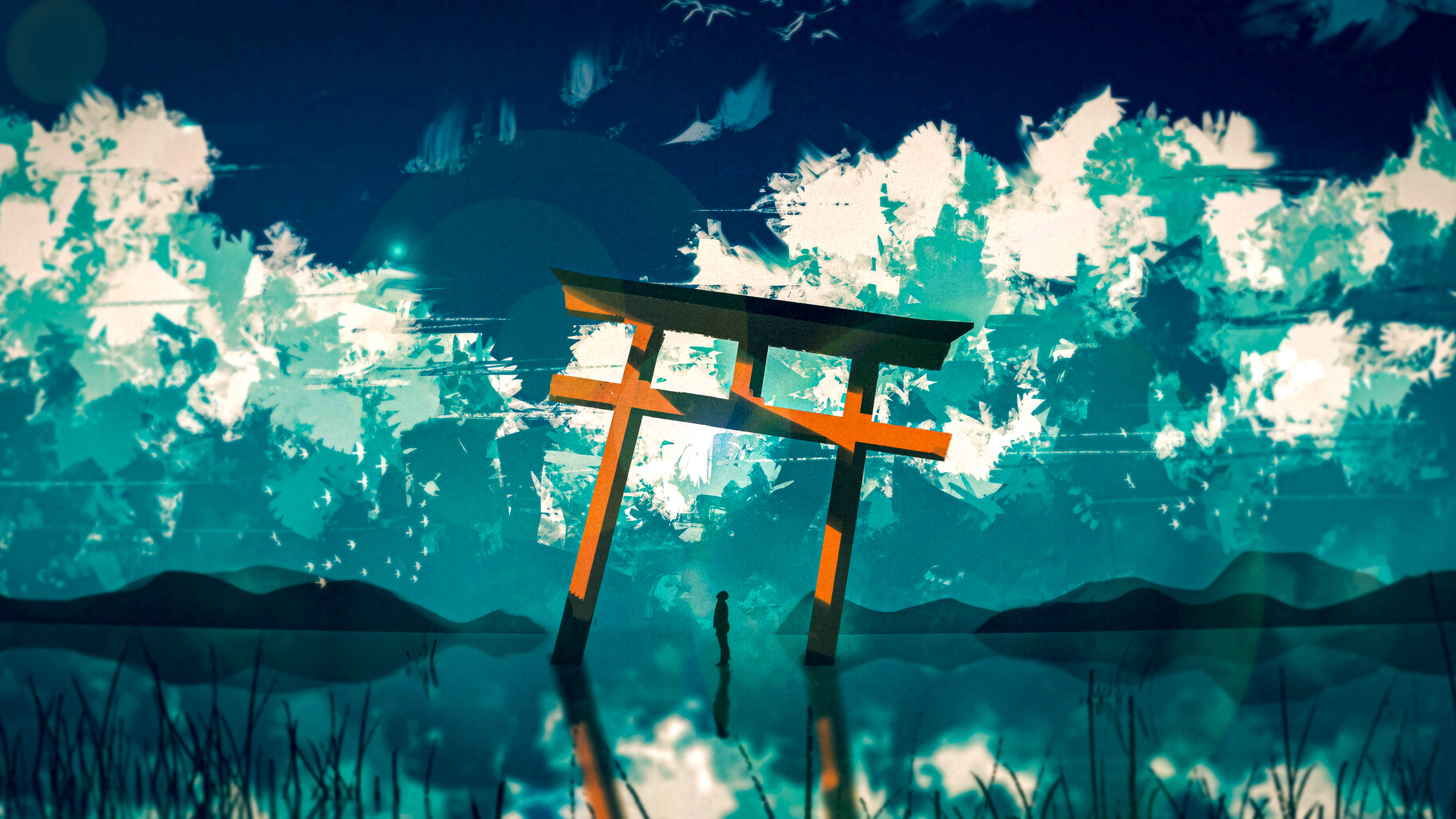 Torii 桌布 壁紙 — 一個孤獨的身影站在漂浮在水面上的發光橙色鳥居前，背景是超現實的青綠色和白色碎裂天空。