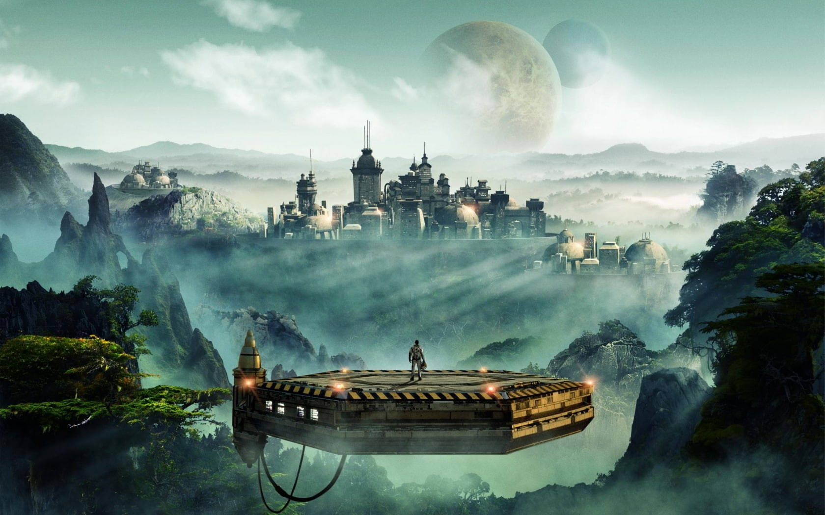 civilization 5 桌布 壁紙 — 一個孤獨的身影站在漂浮平台上，俯瞰著群山環繞、迷霧籠罩的外星城市，天空中有兩個月亮。
