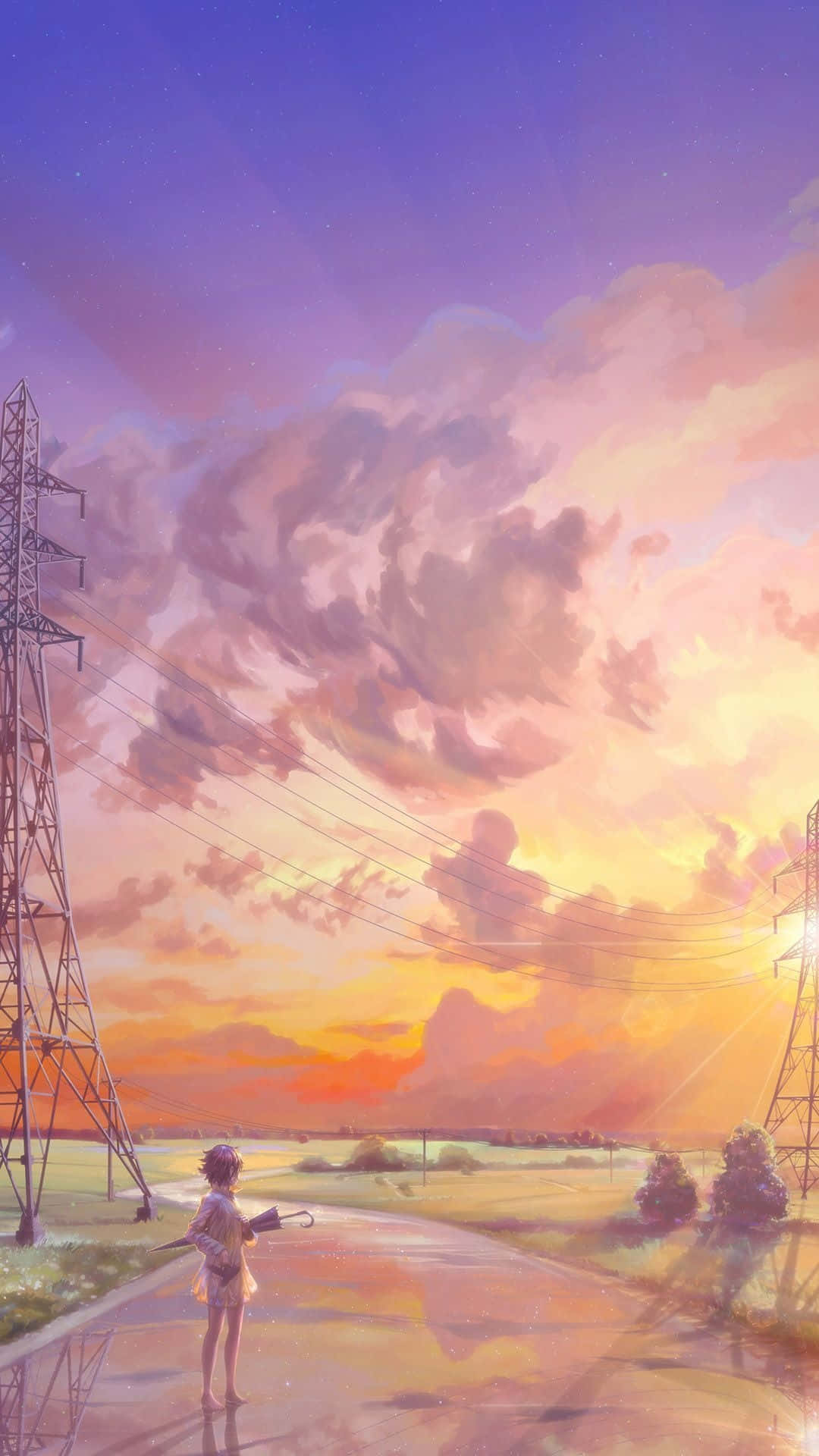 Beautiful Painting 桌布 壁紙 — 一個孤獨的身影站在濕漉漉的路上，廣闊的暮色天空被紫色、橙色和粉紅色的雲彩渲染，電線延伸至地平線。