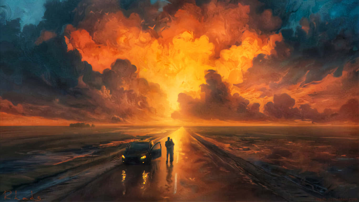 Road 桌布 壁紙 — 一個孤獨的身影站在濕漉漉的道路上，旁邊有一輛車，背景是戲劇性的火紅日落天空，帶有旋轉的橙色和藍色雲彩。