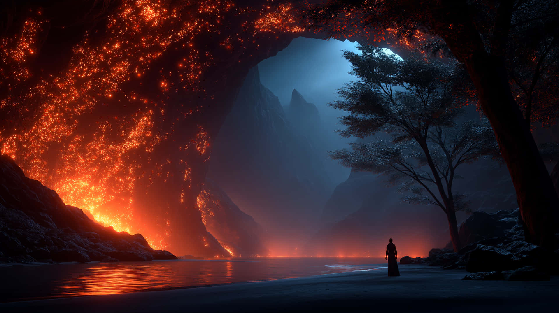 Ethereal Cavern with Fiery Depths and Lone Figure by Water 壁紙 — 一個孤獨的身影站在熾熱的熔岩拱門下，拱門發出橙色光芒，映襯著霧氣瀰漫的藍色山谷。