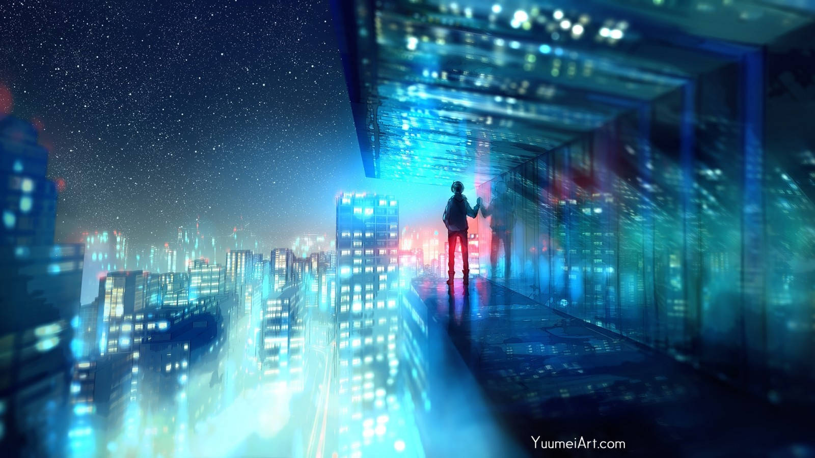 Skyscraper 桌布 壁紙 — 一個孤獨的身影站在玻璃橋上，俯瞰著星空下霓虹閃爍的未來城市。