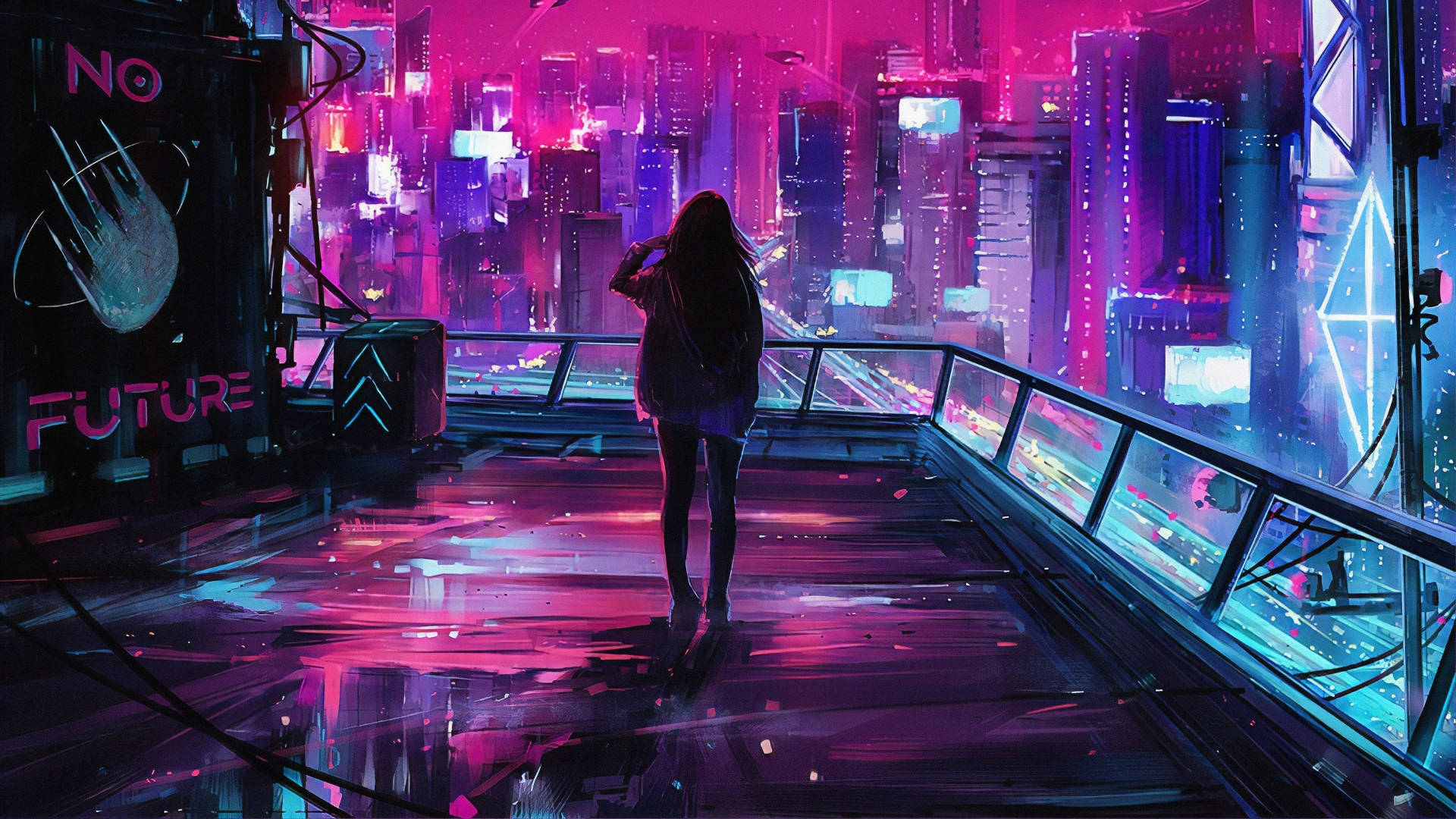 女孩 桌布 壁紙 — 一個孤獨的身影站在玻璃陽台上，俯瞰著一個充滿霓虹燈的賽博龐克城市景觀，閃爍著粉紅色和藍色的燈光。