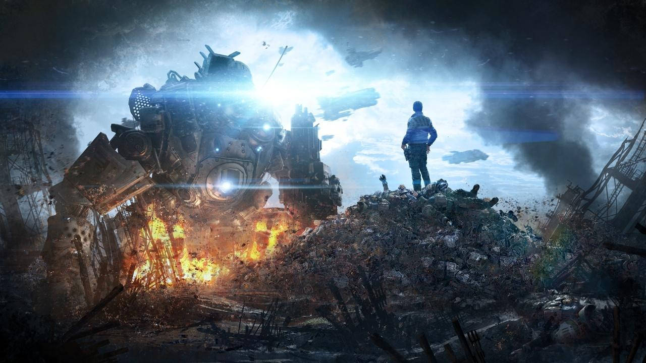 Victory 桌布 壁紙 — 一個孤獨的身影站在瓦礫上，凝視著在暴風雨天空下燃燒殘骸中的巨大發光機甲。
