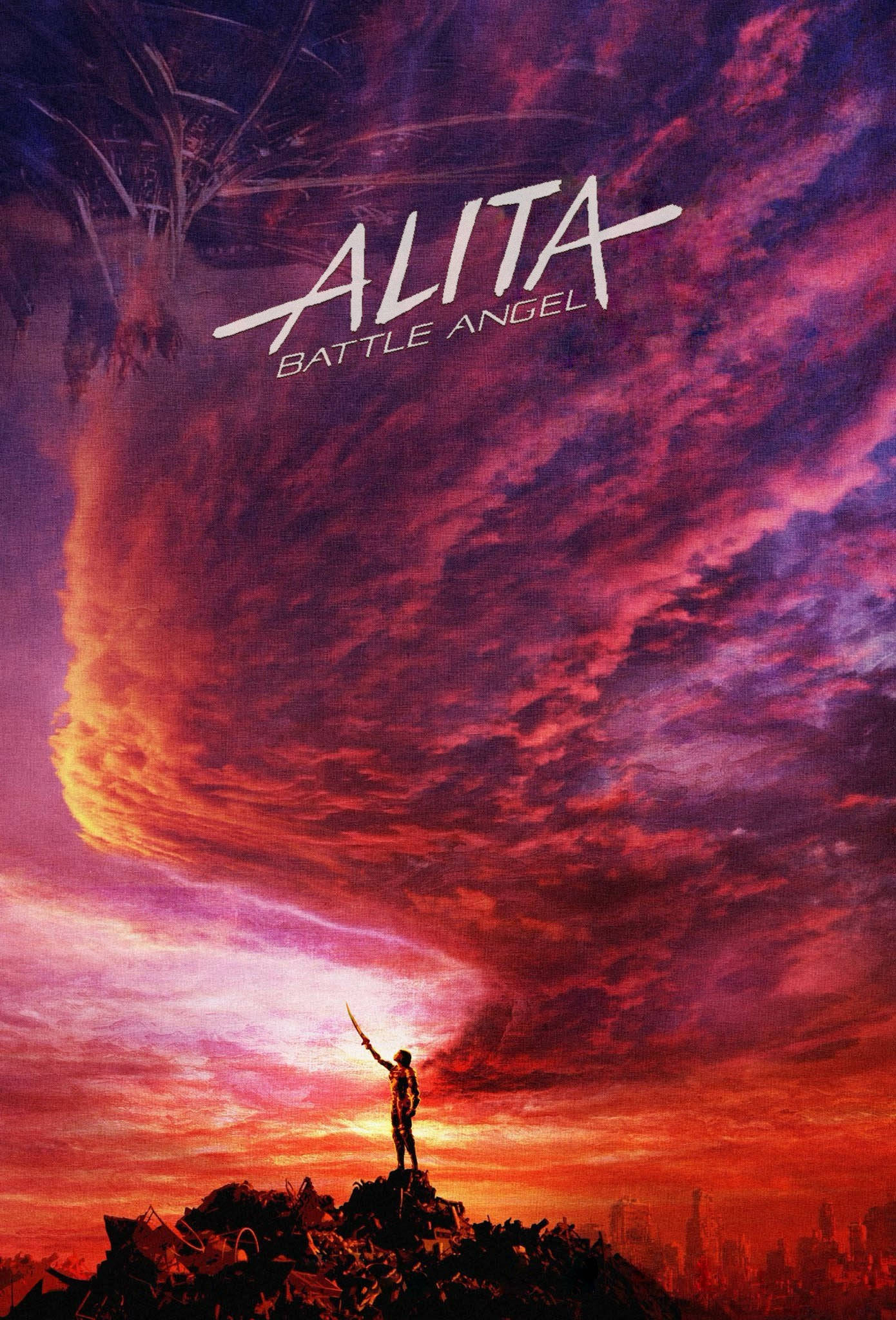 Alita Battle Angel 桌布 壁紙 — 一個孤獨的身影站在瓦礫上，背景是熾熱的日落天空，有旋轉的紅紫色雲彩，標題是《艾莉塔：戰鬥天使》。