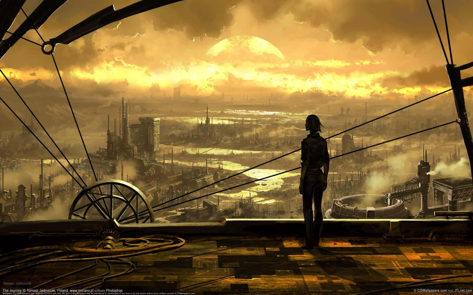 Desolate 桌布 壁紙 — 一個孤獨的身影站在生鏽的平台上，俯瞰著在巨大發光太陽下的廣闊工業城市。