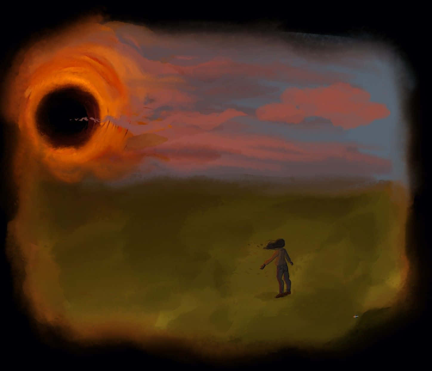 Black Hole Sun 桌布 壁紙 — 一個孤獨的身影站在田野中，天空超現實，一個發光的宇宙漩渦吞噬著地平線。