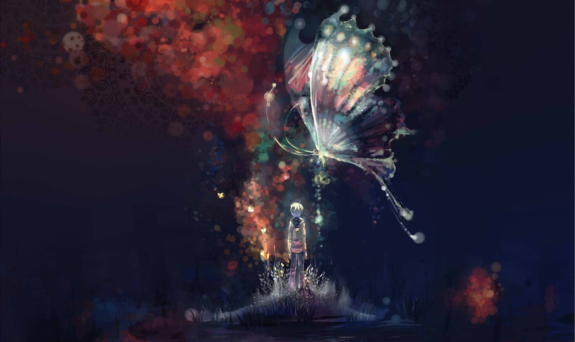 Butterfly Art 桌布 壁紙 — 一個孤獨的身影站在發光的半透明蝴蝶下方，蝴蝶在黑暗如夢的夜空中釋放出五彩斑斕的火花。