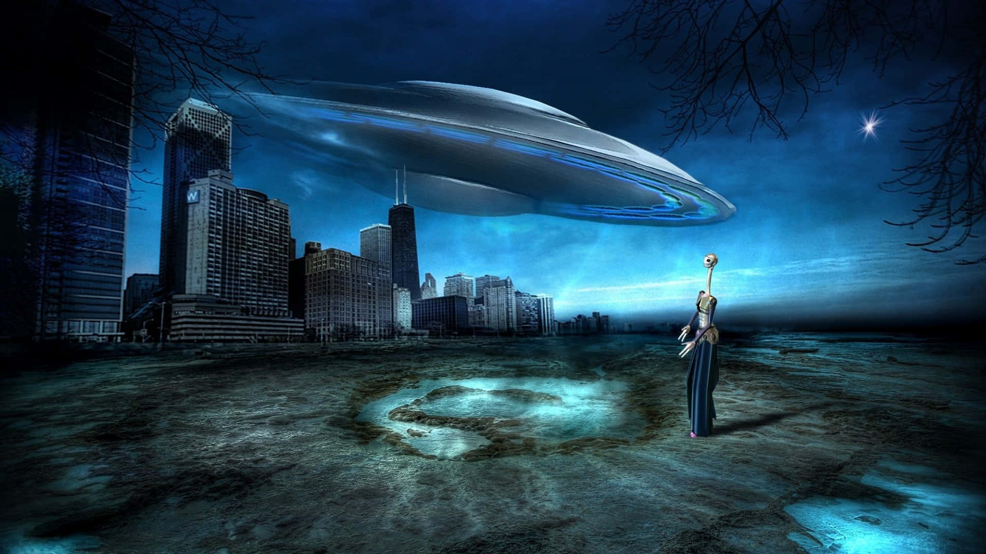 Spaceship 桌布 壁紙 — 一個孤獨的身影站在發光的外星圓圈中，而一個巨大的UFO在夜晚懸浮在未來城市天際線之上。