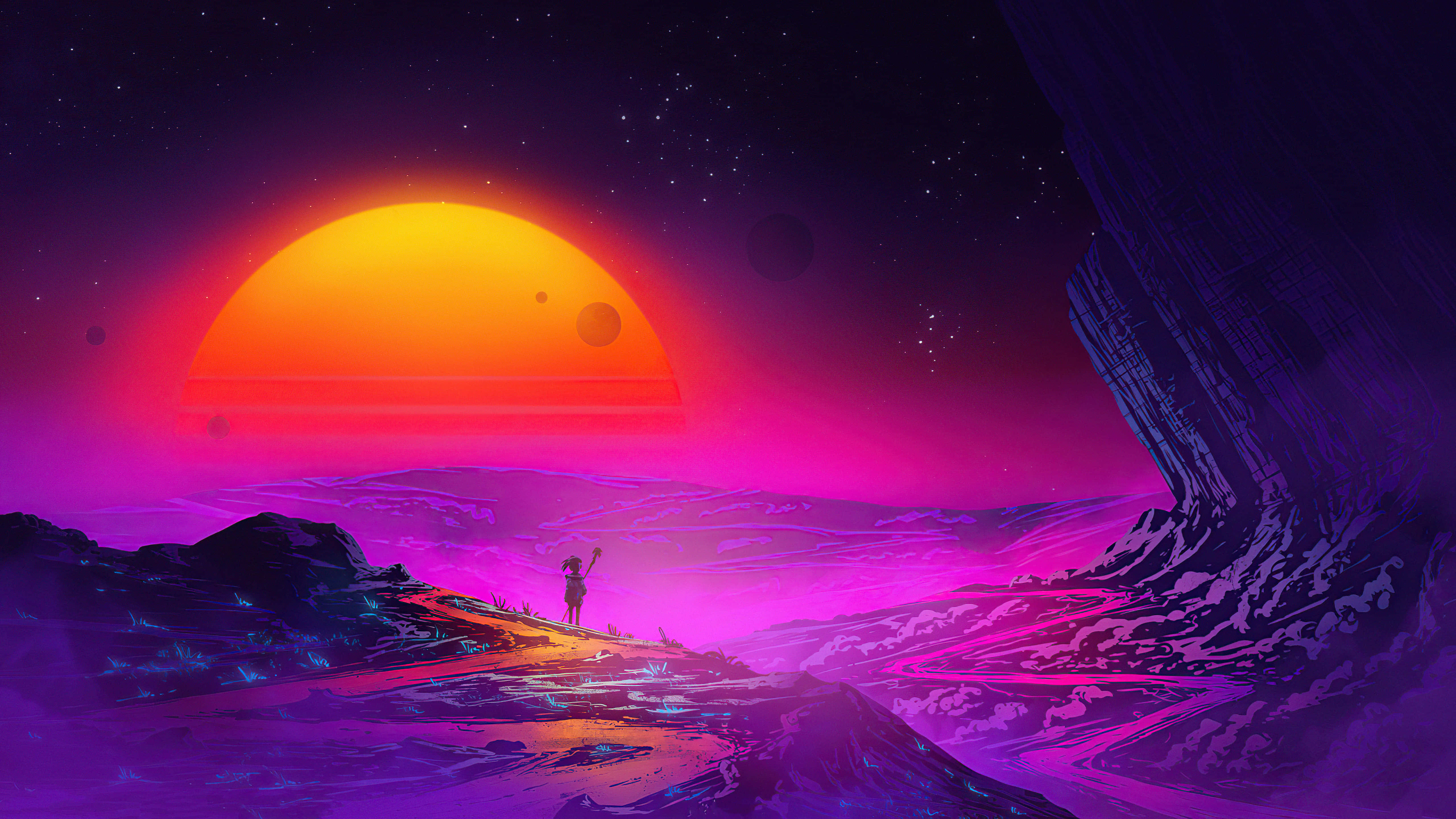 Cool Landscape 桌布 壁紙 — 一個孤獨的身影站在發光的外星景觀上，在星空下，巨大的橙色太陽落在紫色山脈上。