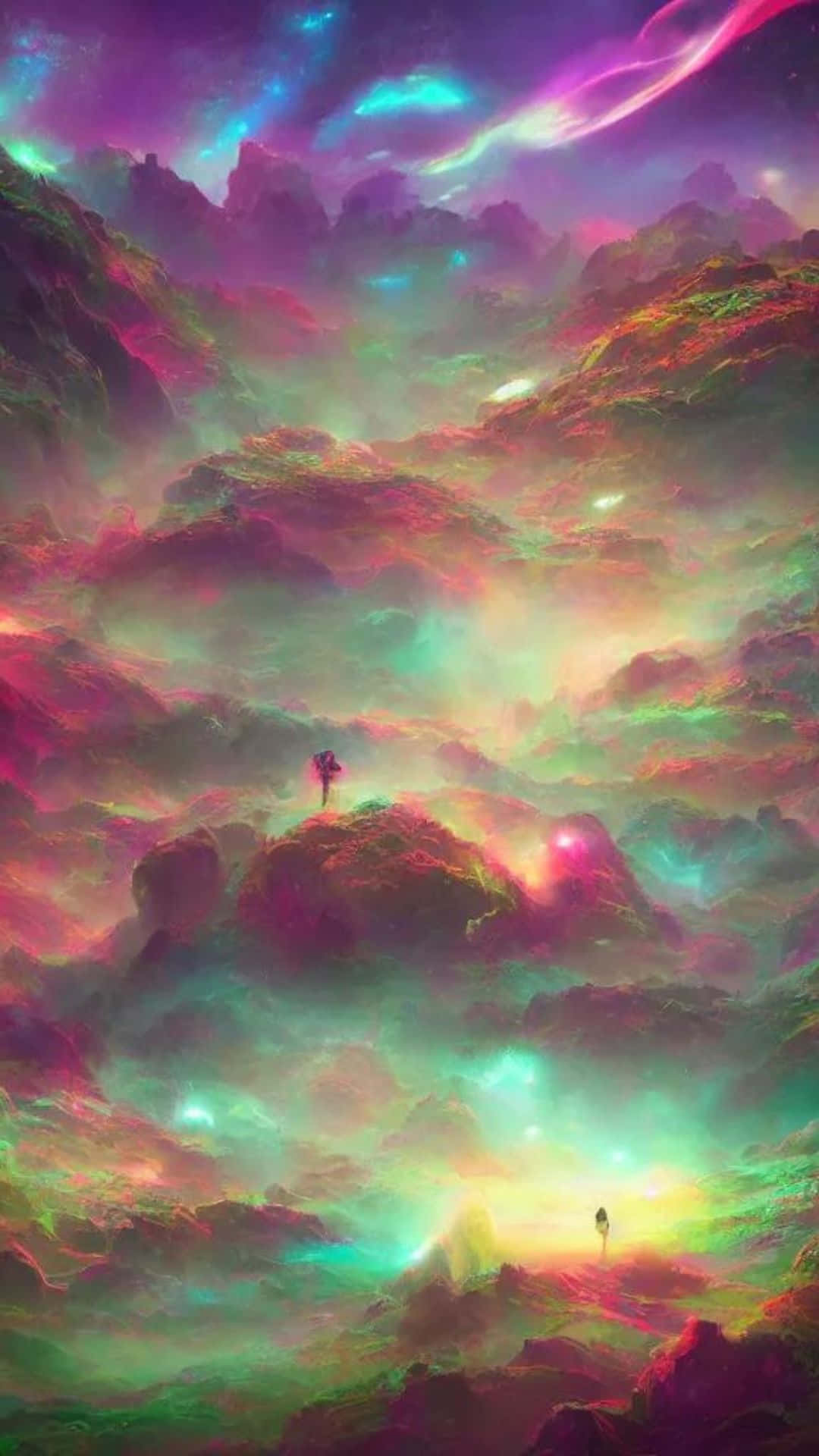 Trippy Sky 桌布 壁紙 — 一個孤獨的身影站在發光的山頂上，置身於充滿鮮豔霓虹紫、綠和粉紅色的超現實宇宙景觀中。