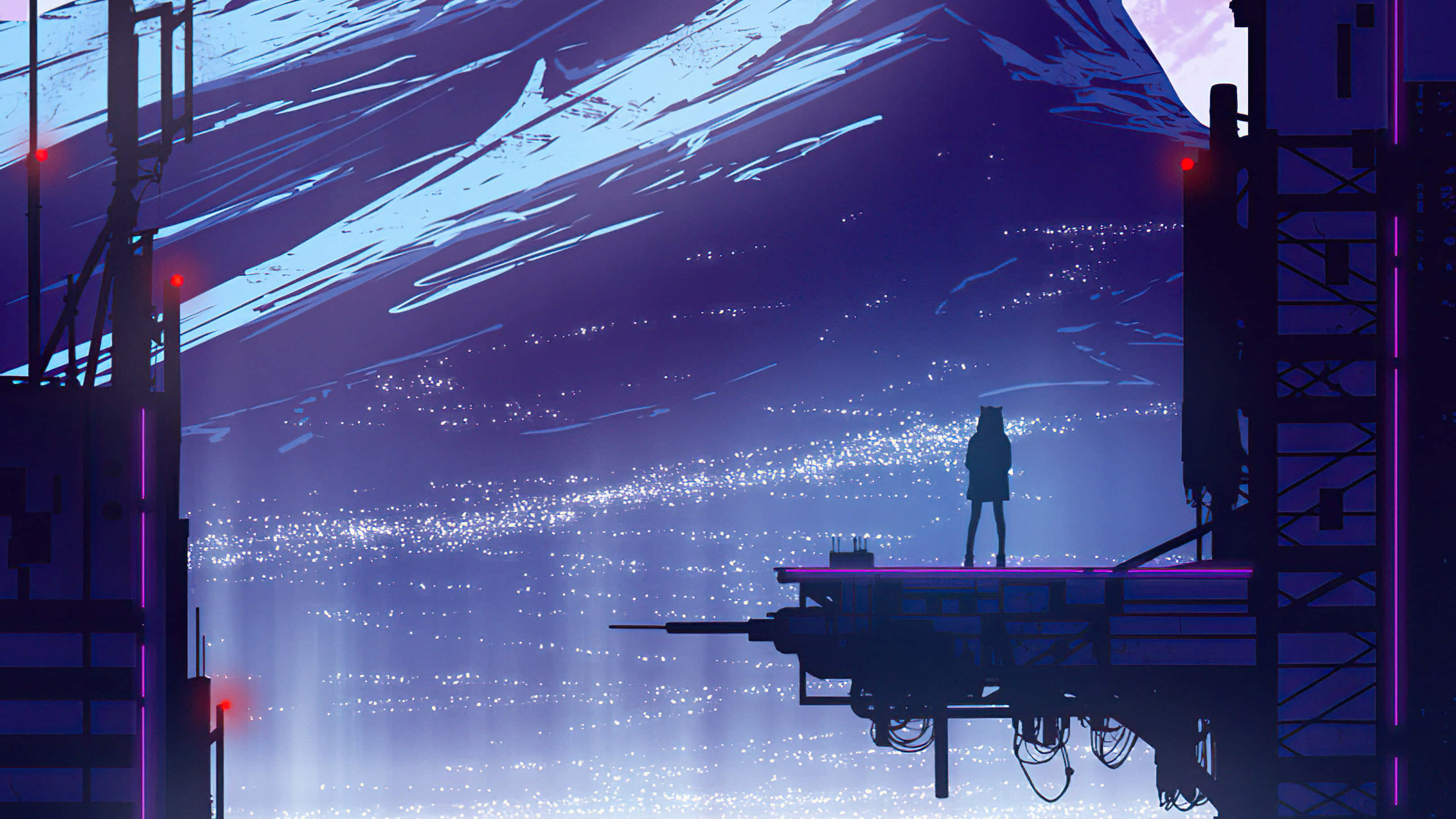 Cyberpunk Aesthetic 桌布 壁紙 — 一個孤獨的身影站在發光的平台上，下方是廣闊的星空，有鋸齒狀的紫色山脈和霓虹燈照亮的工業建築。
