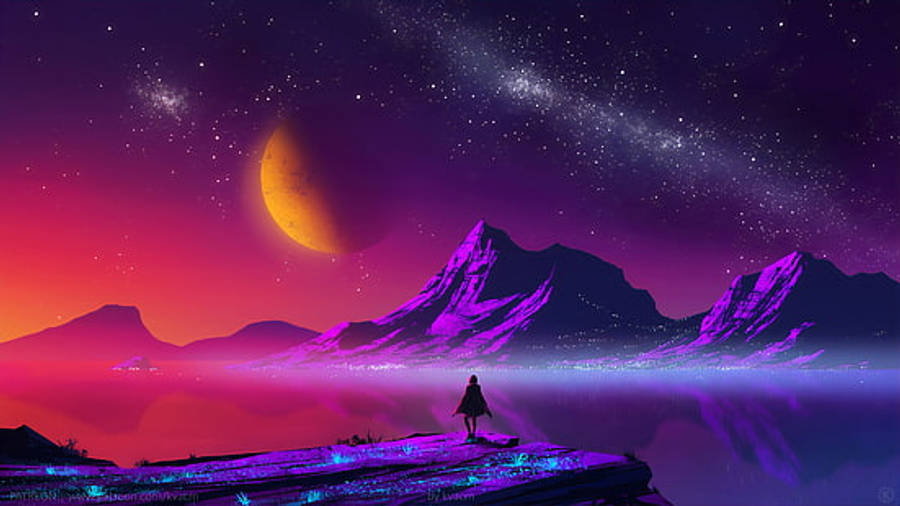 2440x1440 桌布 壁紙 — 一個孤獨的身影站在發光的懸崖上，俯瞰著超現實的紫色山脈，背景是充滿活力的暮色天空，掛著新月和繁星銀河。