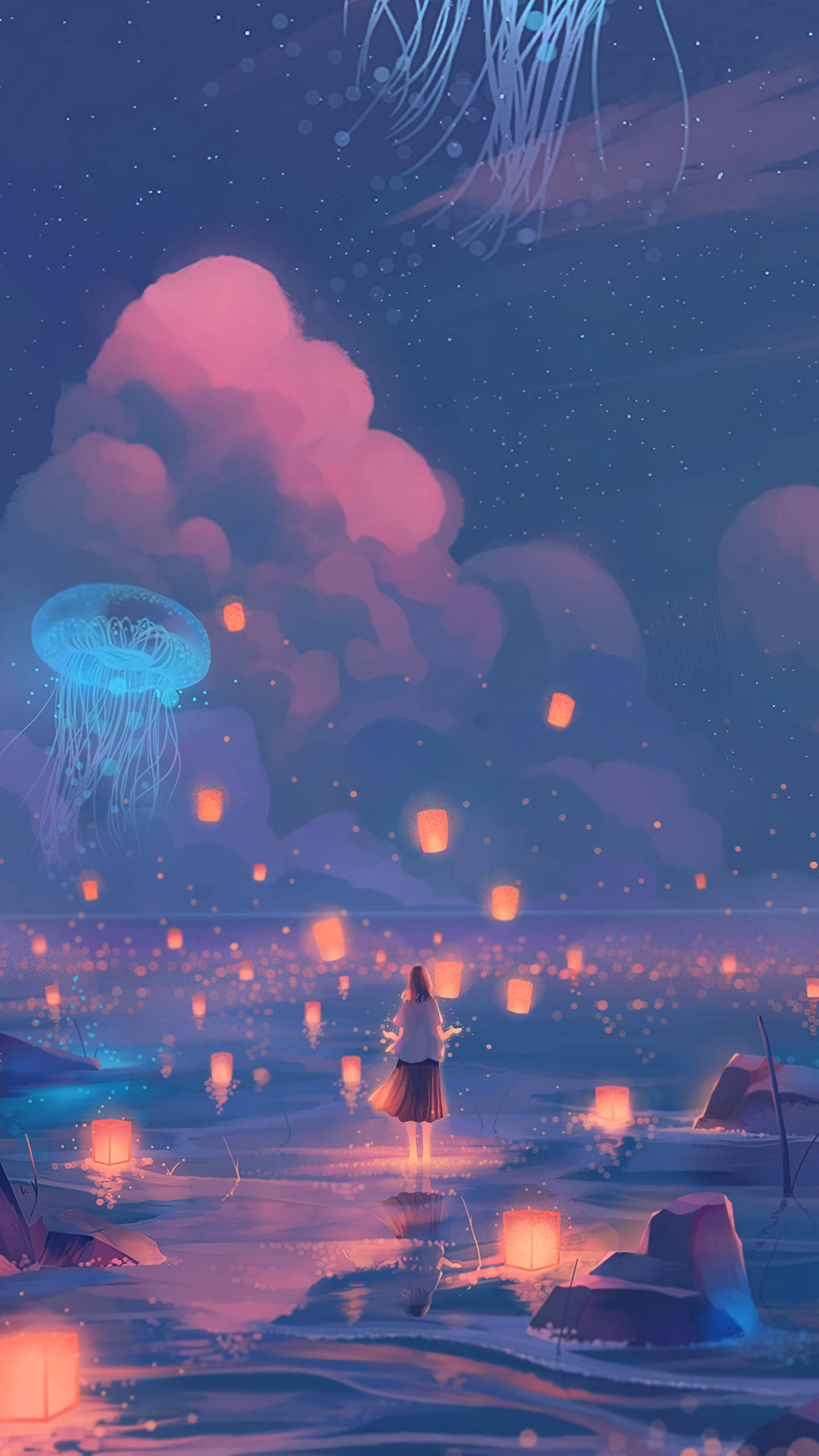 女孩 桌布 壁紙 — 一個孤獨的身影站在發光的水中，星空下漂浮著燈籠和巨型水母。