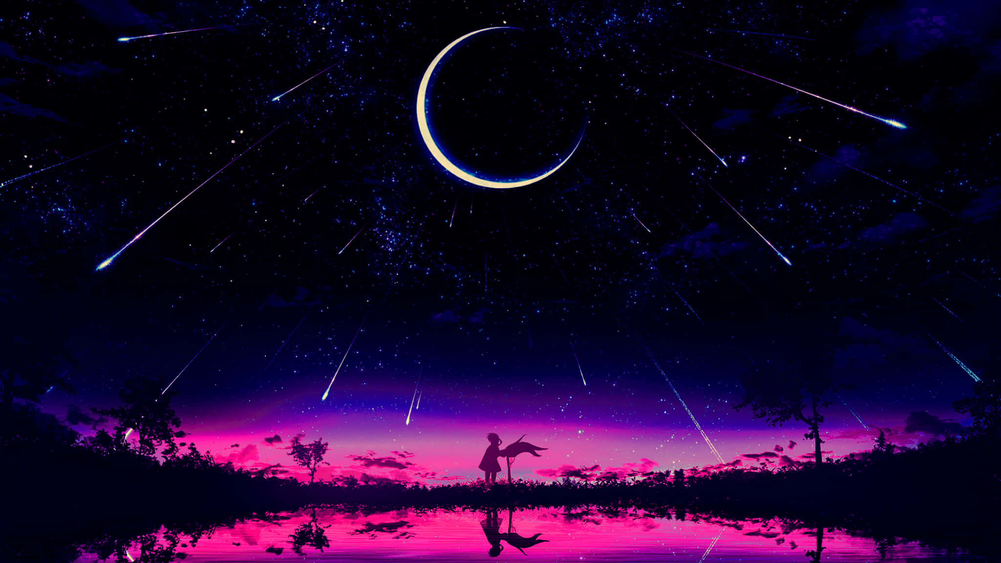 2048x1152 桌布 壁紙 — 一個孤獨的身影站在發光的粉紅色湖邊，上方是新月和流星，背景是超現實的夜空。