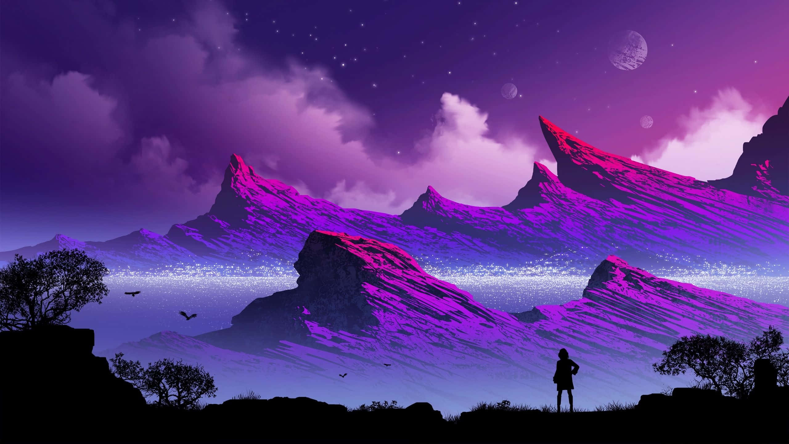 Mountain Landscape 桌布 壁紙 — 一個孤獨的身影站在發光的紫色山脈前，背景是繁星點點的暮色天空和漂浮的月亮。