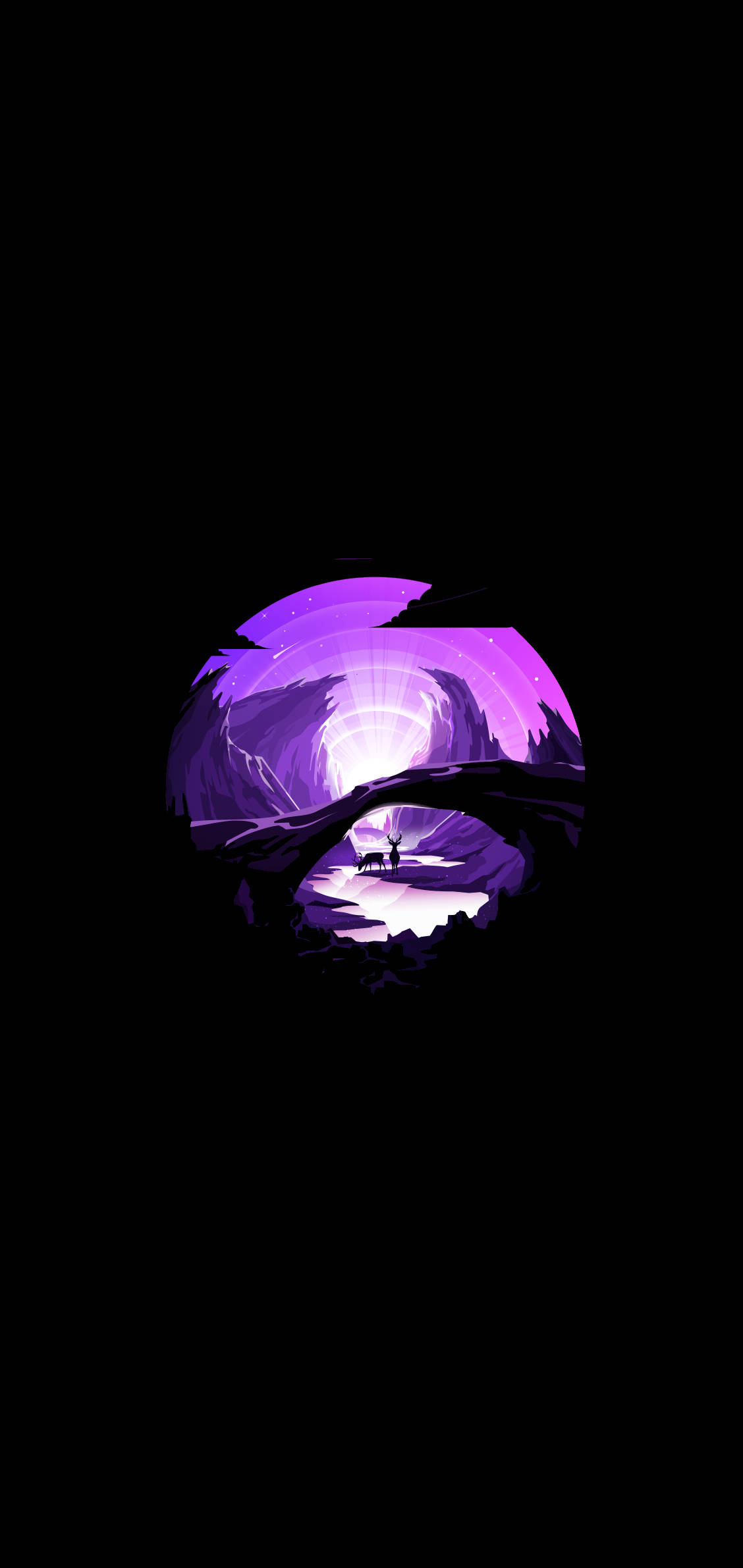 minimal dark iPhone 桌布 壁紙 — 一個孤獨的身影站在發光的紫色拱門下，顯露出黑暗虛空中一個燦爛的宇宙漩渦。