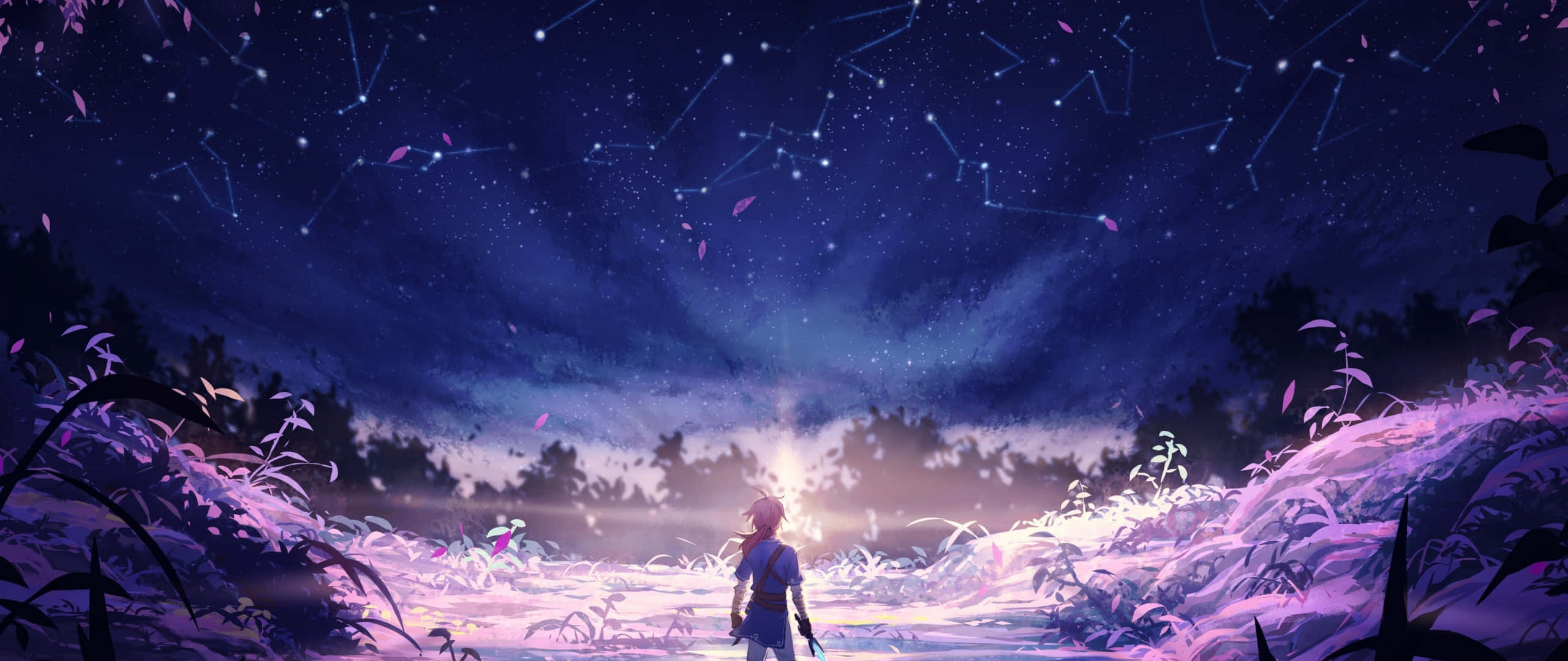 Constellations 桌布 壁紙 — 一個孤獨的身影站在發光的紫色田野上，頭頂是繁星點點、星座可見的夜空。
