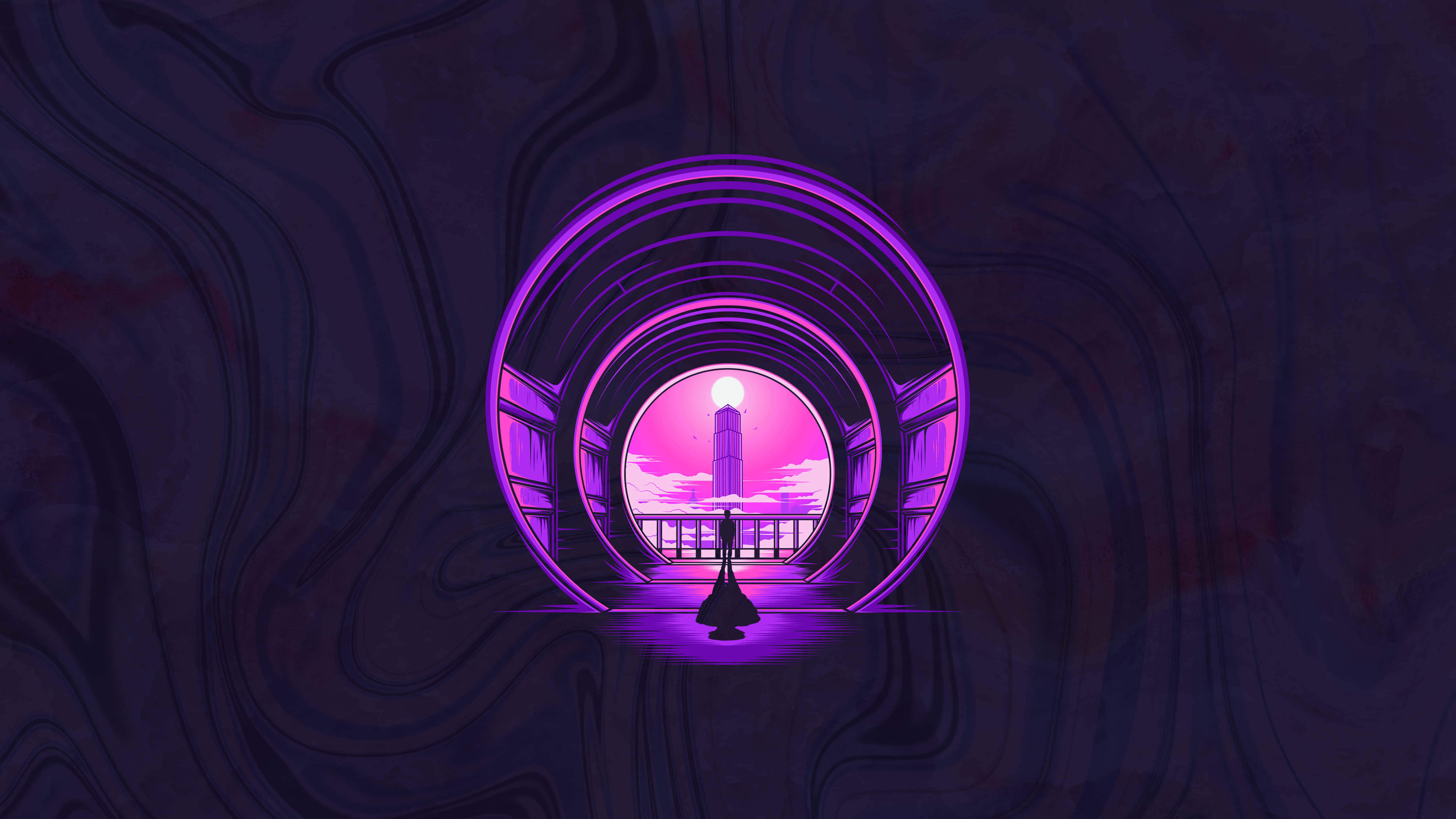 Violet Aesthetic 桌布 壁紙 — 一個孤獨的身影站在發光的紫色隧道盡頭，隧道由旋轉的黑暗圖案框住，通往塔樓上粉紅色的日落。