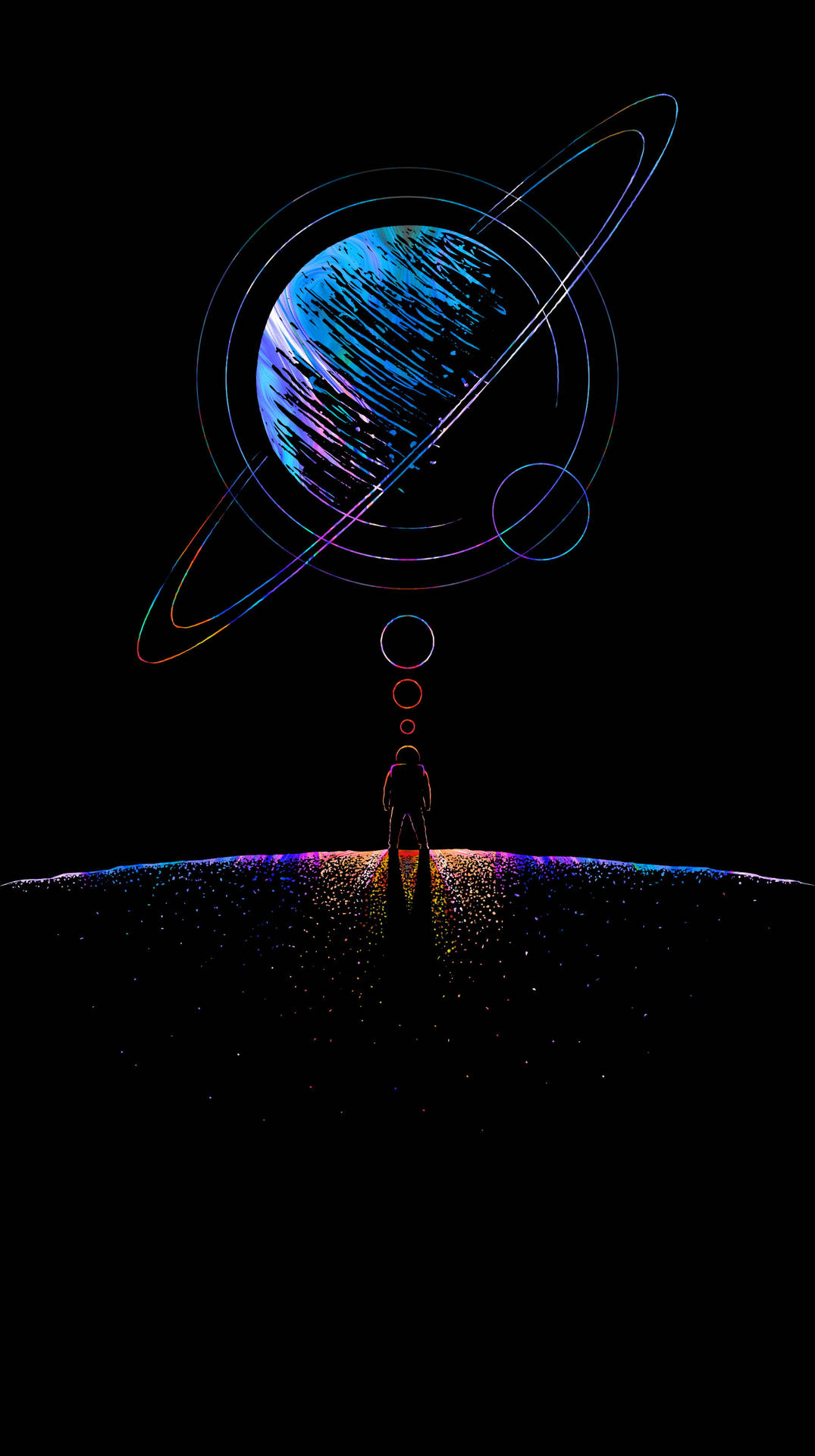 Space Aesthetic 桌布 壁紙 — 一個孤獨的身影站在發光行星的邊緣，凝視著一顆色彩繽紛環帶的藍色行星，背景是沒有星星的黑色天空。