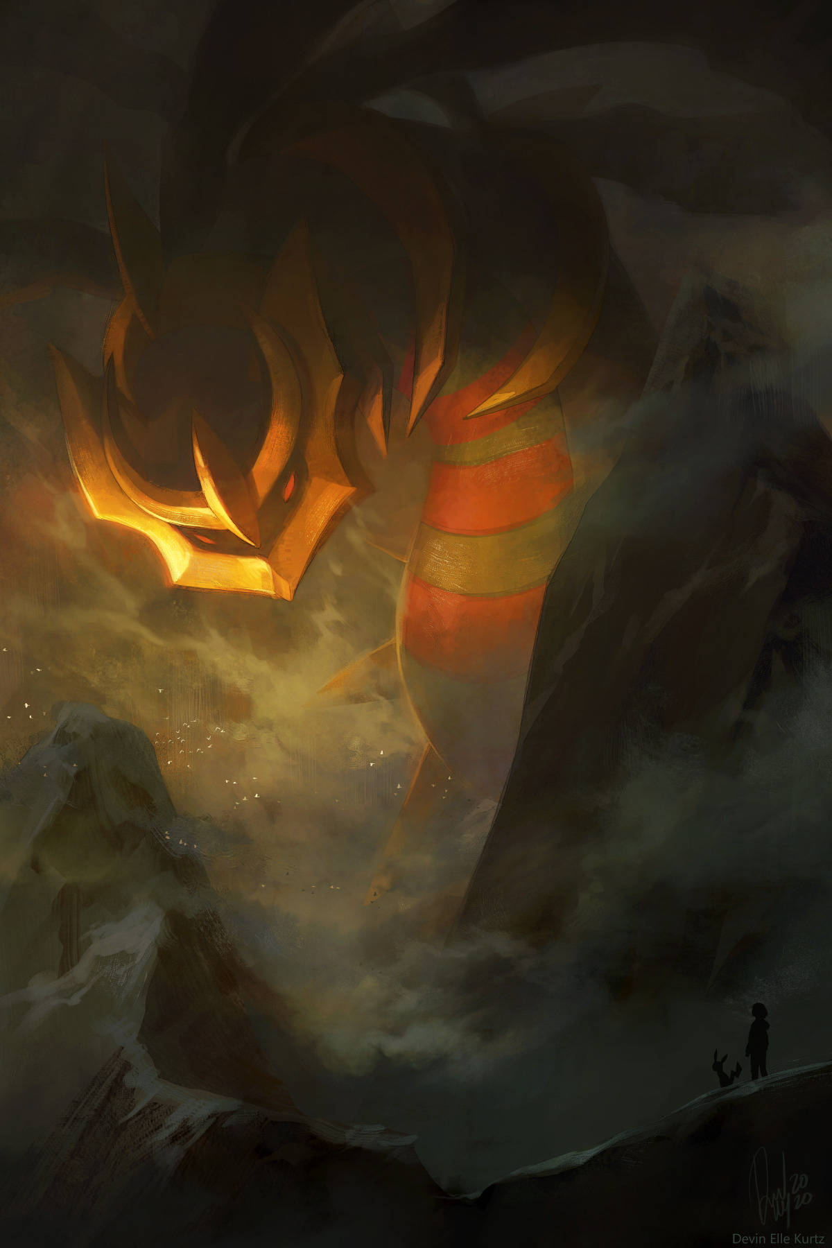 Giratina 桌布 壁紙 — 一個孤獨的身影站在白雪覆蓋的山頂上，仰望從暴風雲中出現的巨大發光龍。