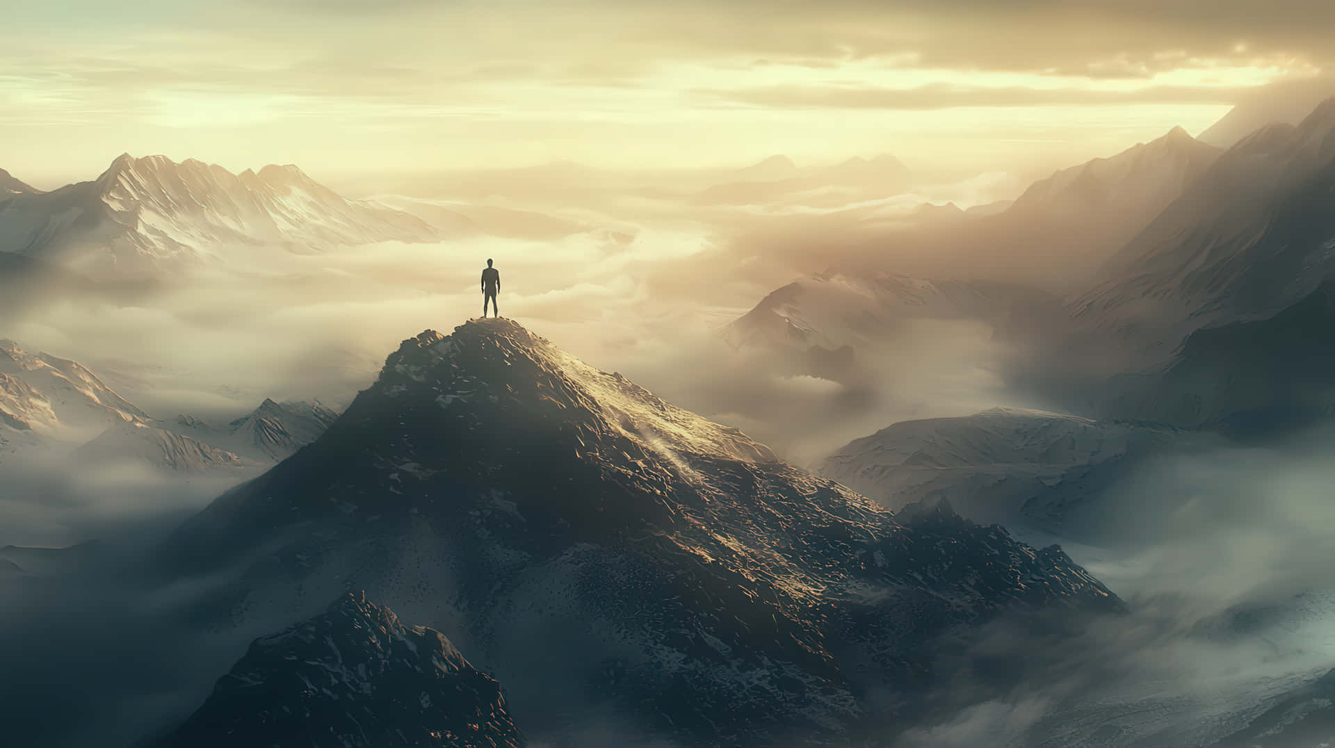 Solitary Figure on Mountain Peak Above Clouds 壁紙 — 一個孤獨的身影站在白雪覆蓋的山頂上，俯瞰著金色時刻的雲海。