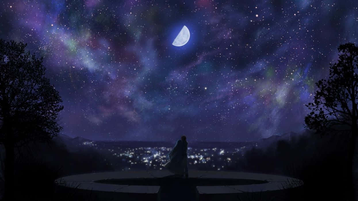 4K Anime Space 桌布 壁紙 — 一個孤獨的身影站在石台上，下方是新月和閃爍的城市燈光，上方是充滿活力的星空夜空。